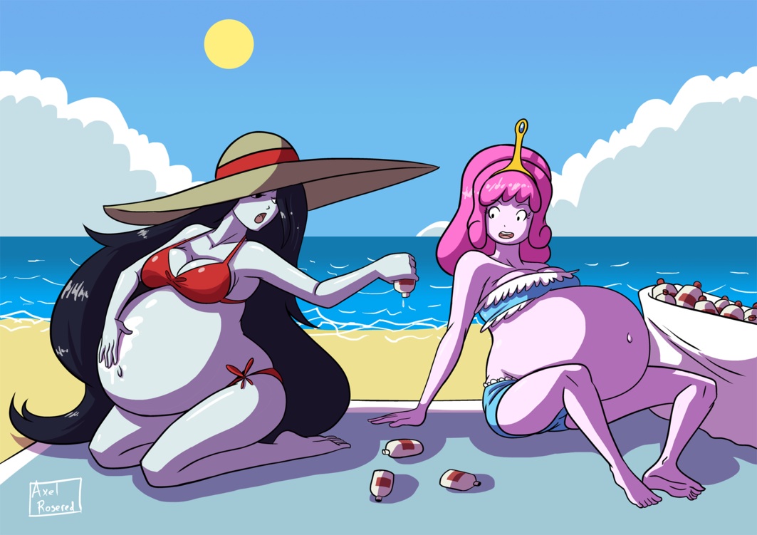 2013, 2girls, adventure time, axel-rosered, belly bulge, big belly, bikini, black hair, breasts, busty, canon couple, cartoon network, cleavage, crown, female, female only, grey skin, hat, marceline, milf, multiple females, multiple girls, multiple pregnancies, pink hair, pink skin, pregnant, princess bubblegum, suntan lotion, swimsuit, vampire, voluptuous
