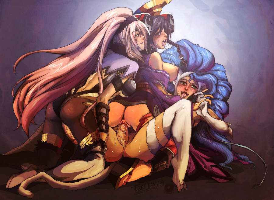 3girls anesha animal_ears ar_tonelico ar_tonelico_i ass black_hair blue_hair blush boots braid breasts brown_hair capelet cat_ears cat_tail clothed_sex clothing colored cross_edge darkstalkers fangs felicia full-face_blush fur_trim futa_on_female futanari green_eyes hair hair_ornament hand_holding interlocked_fingers intersex japanese_clothes long_hair medium_breasts misha_arsellec_lune multiple_girls nipples open_mouth penis pink_hair platform_footwear platform_heels purple_eyes riendonut saliva scrunchie sharp_fingernails sharp_toenails sideboob spread_legs stockings sweat tabe-chan tail thigh_boots thighhighs threesome vaginal_penetration very_long_hair yin_yang