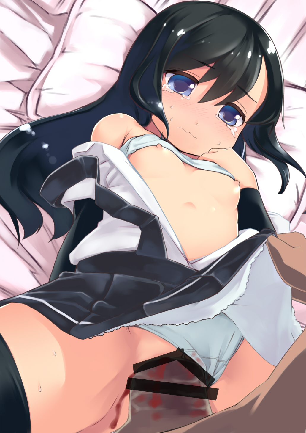 asashio_(kantai_collection) black_hair blood blush breasts censored female gigokku highres kantai_collection long_hair nipples panties panties_aside penis pussy sex small_breasts solo_focus straight tears underwear vaginal_penetration virgin