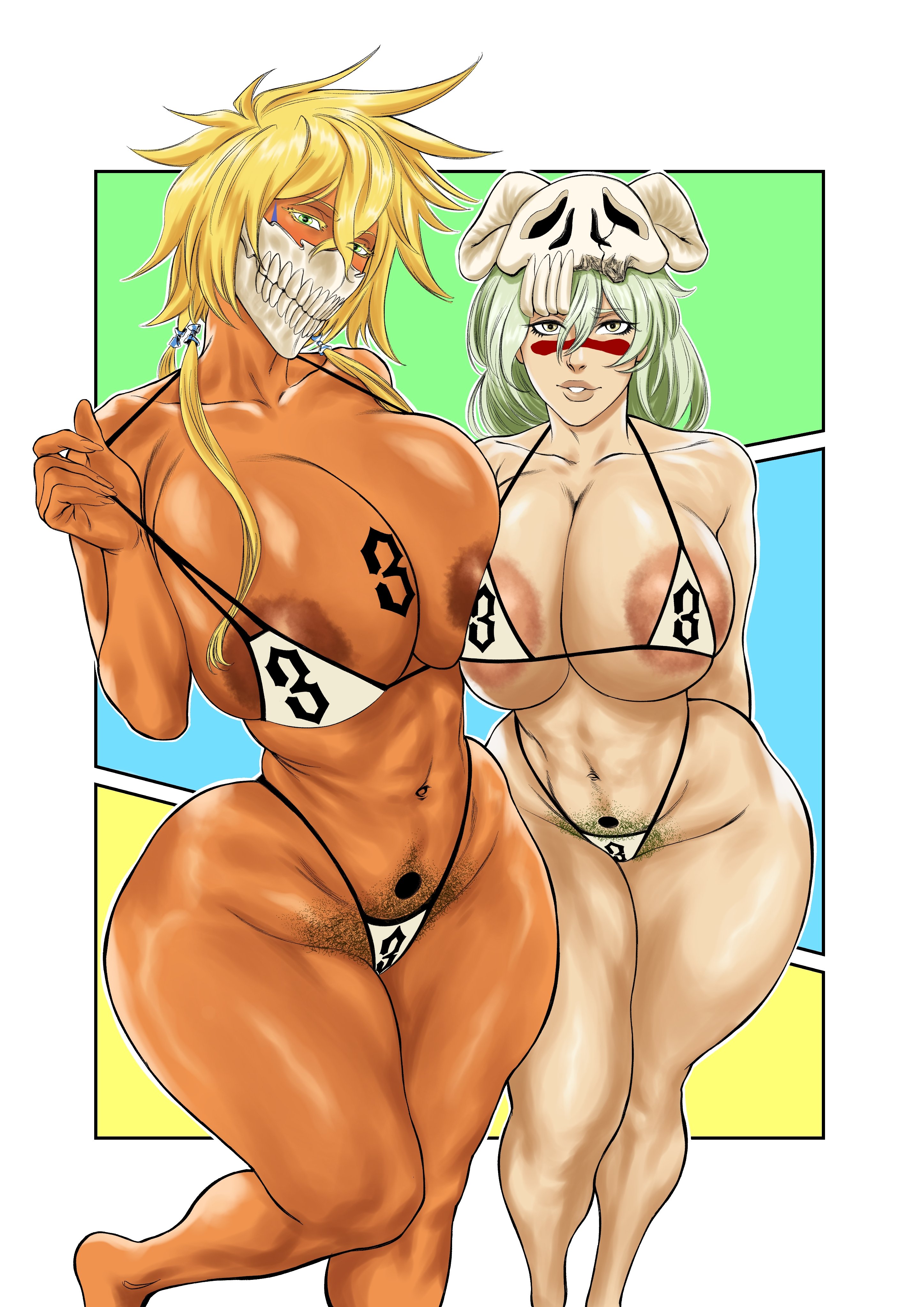 2d, 2girls, alternate version available, areolae, bikini, bleach, bleach: the thousand-year blood war, blonde hair, breasts, busty, dark skin, dark-skinned female, face mask, female, female only, female pubic hair, gorgonzol60688, green hair, light skin, light-skinned female, looking at viewer, nelliel tu odelschwanck, pubes, pubic hair, tagme, thick thighs, thighs, tia harribel