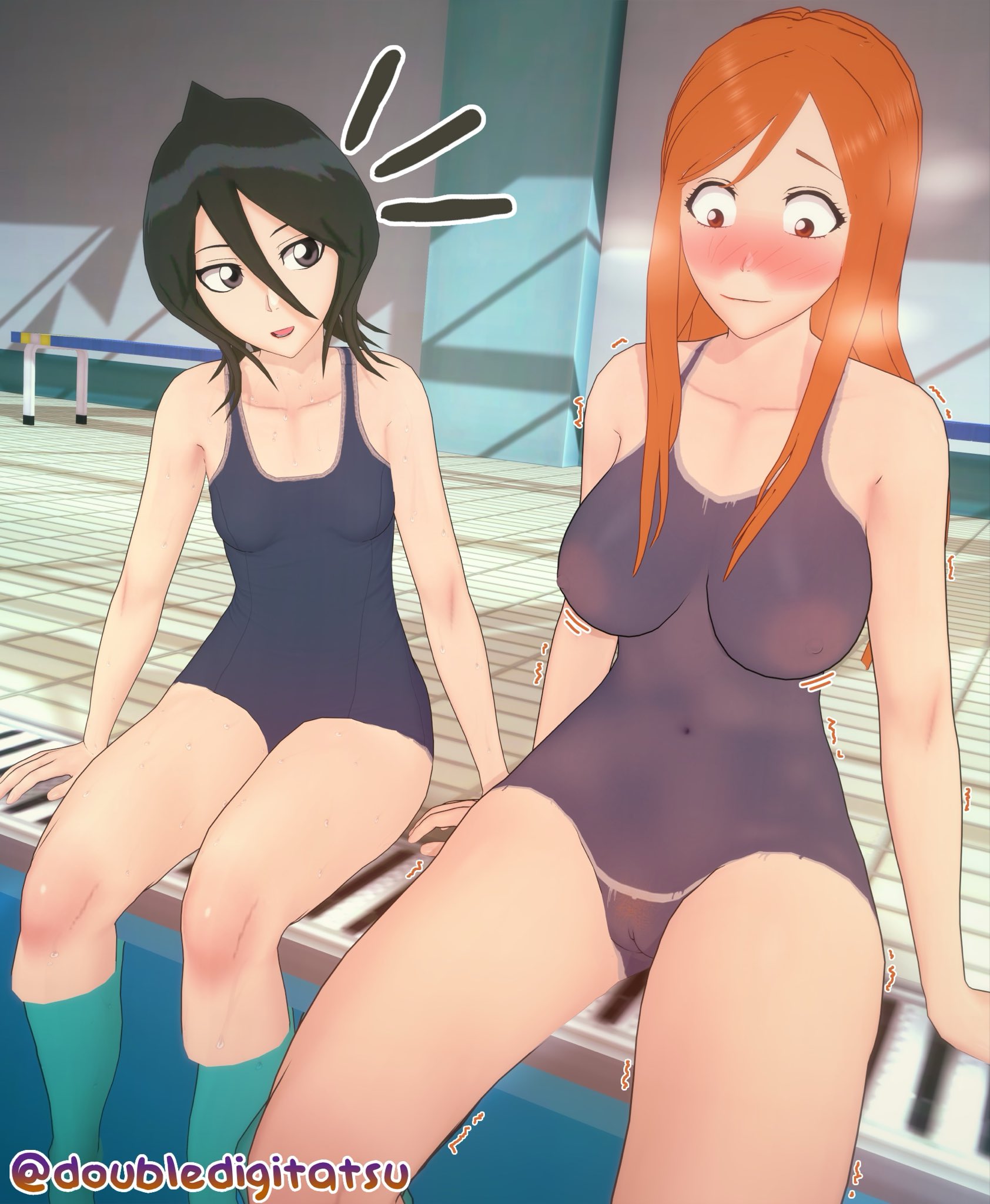 2girls, 3d, bleach, bodypaint, breasts, doubledigit64, embarrassed nude female, female, koikatsu, orihime inoue, painted clothes, pool, pussy, rukia kuchiki, senftember (2026), tagme