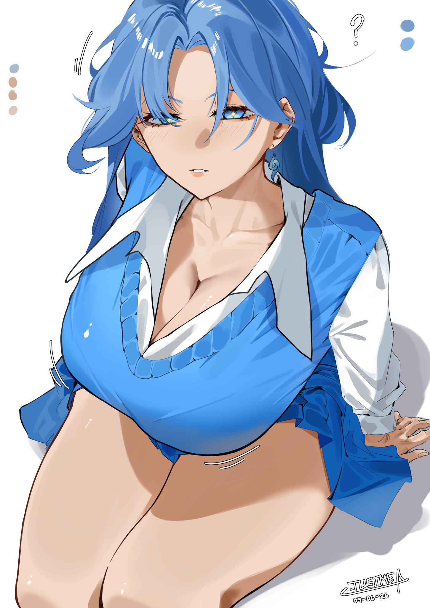 1girls, alternate costume, big breasts, blue eyes, blue hair, breasts, female, large breasts, legs, long hair, qingxiao (wuthering waves), school uniform, schoolgirl, thighs, wuthering waves