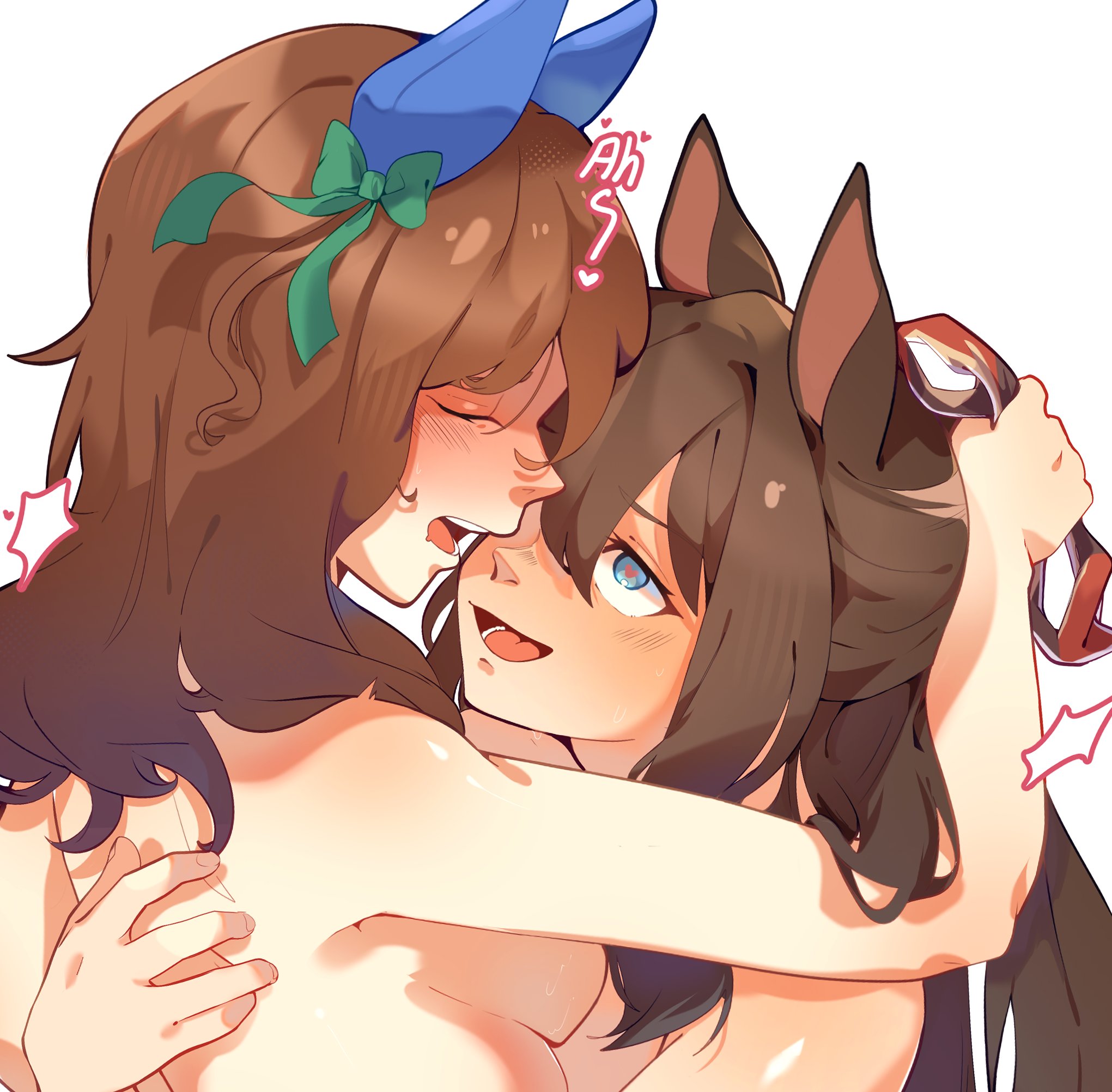 2girls, breasts, brown hair, commission, el condor pasa (umamusume), horse ears, horse girl, hug, king halo (umamusume), nude, open mouth, umamusume, umamusume pretty derby, yuri