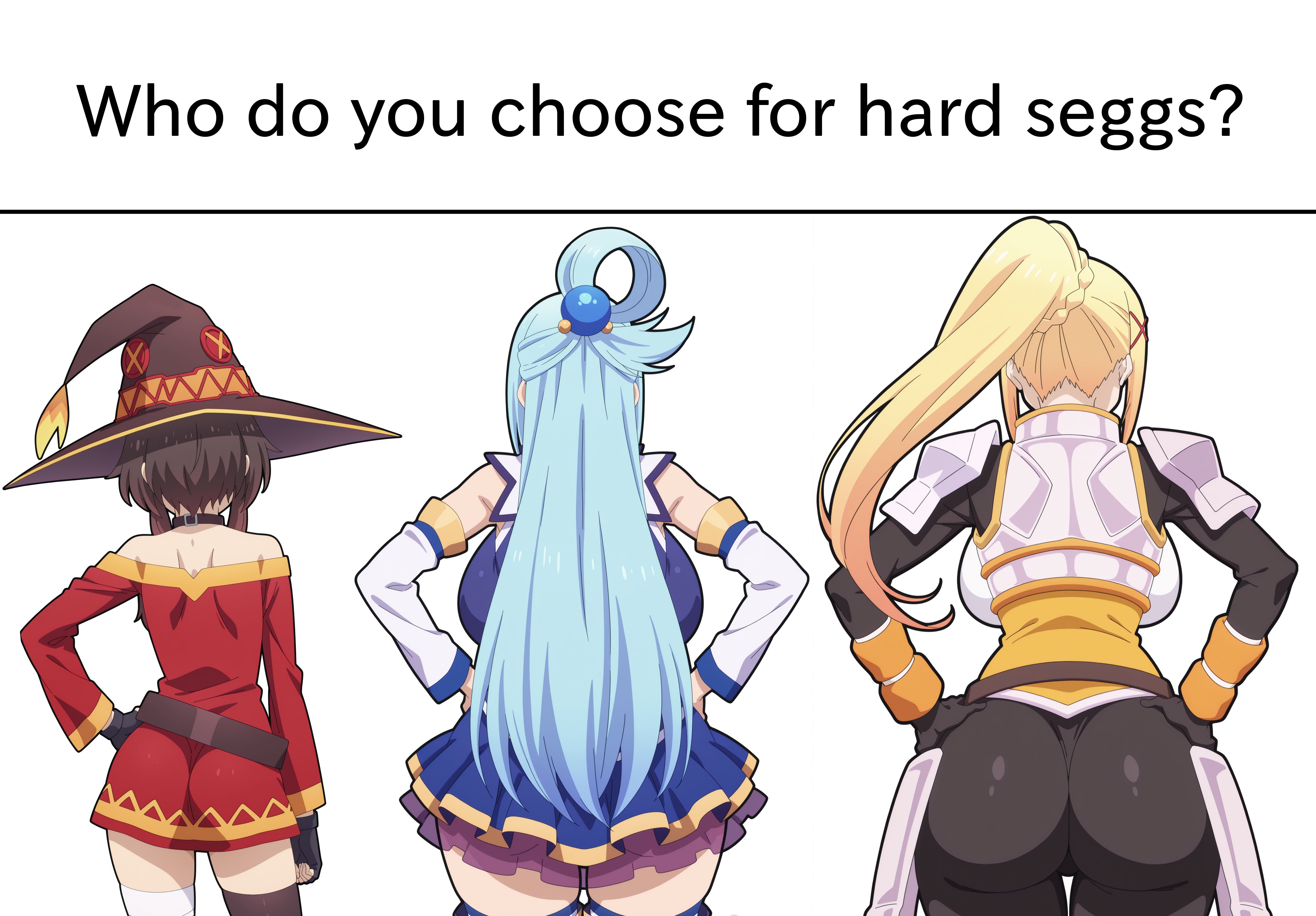 1girls, 3girls, ai generated, aqua (konosuba), ass, ass focus, bandaged leg, bandages, bare shoulders, big ass, big breasts, black gloves, black legwear, blonde hair, blue eyes, blue hair, blush, boots, breasts, brown hair, cape, closed eyes, collar, darkness (konosuba), detached sleeves, doggystyle, dress, duo, female, fingerless gloves, gloves, hair ornament, hair rings, hat, heart, hetero, hi res, high quality, high resolution, huge ass, huge breasts, kono subarashii sekai ni shukufuku wo!, large breasts, light-skinned female, light-skinned male, long hair, long legs, male, medium breasts, megumin, multiple girls, nipples, no panties, open mouth, orange footwear, patreon, sawahebi, seductive, sexy, short hair, short hair with long locks, single thighhigh, small breasts, smile, thighhighs, top-down bottom-up, uncensored, vaginal, witch hat, x hair ornament