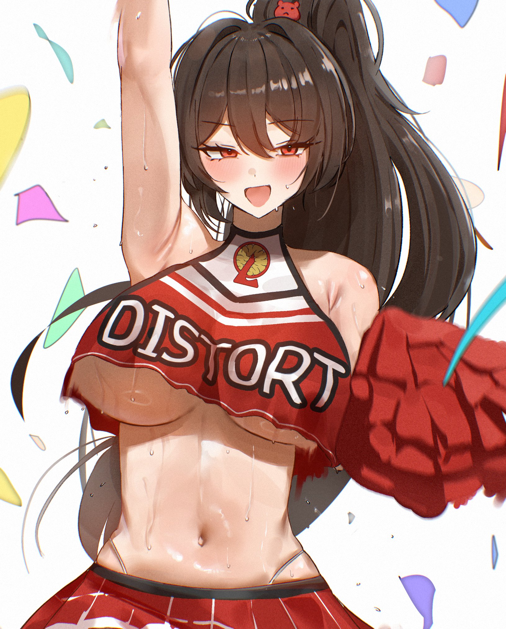 1girl, arm up, armpits, arms up, bare shoulders, belly, blush, breasts, brown hair, carmen (lobotomy corporation), cheerleader, commentary, confetti, crop top, hair ornament, highres, large breasts, limbus company, long hair, navel, open mouth, ponytail, project moon, red eyes, red skirt, simple background, skirt, smile, solo, stomach, sweat, tomosakaaa, underboob, upper body, white background