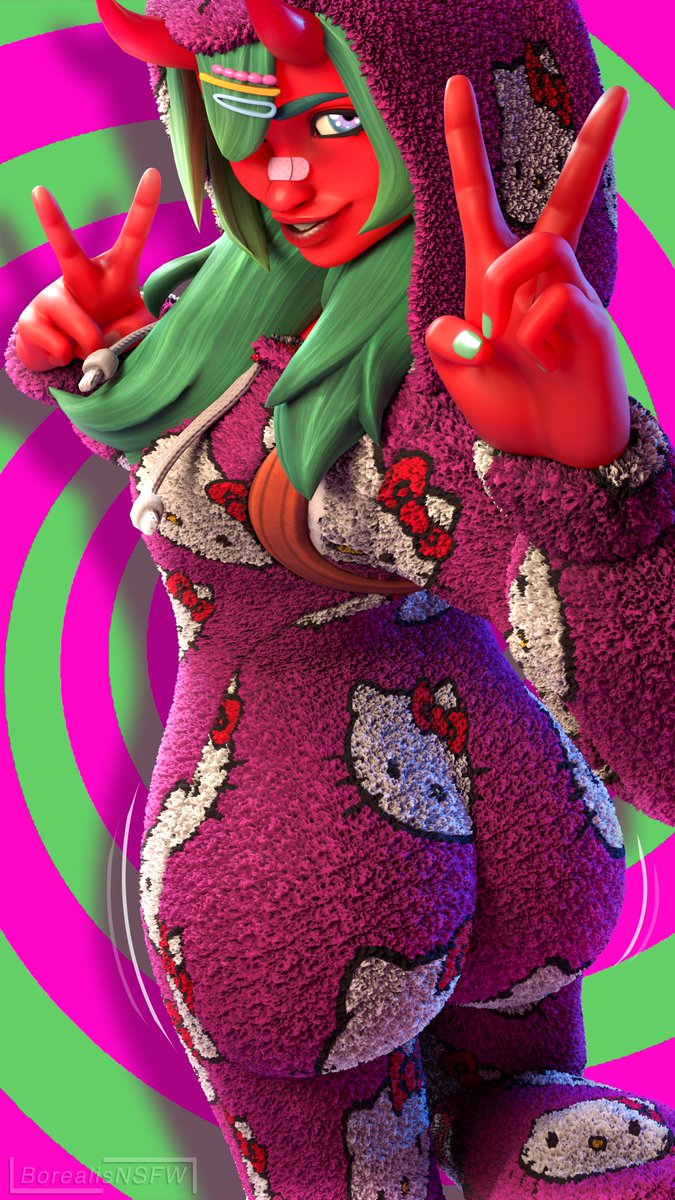 1girl, 1girls, ass, ass focus, borealisnsfw, demon, demon girl, demon horns, fat ass, fortnite, fortnite: battle royale, hello kitty, huge ass, nemia (fortnite), onesie