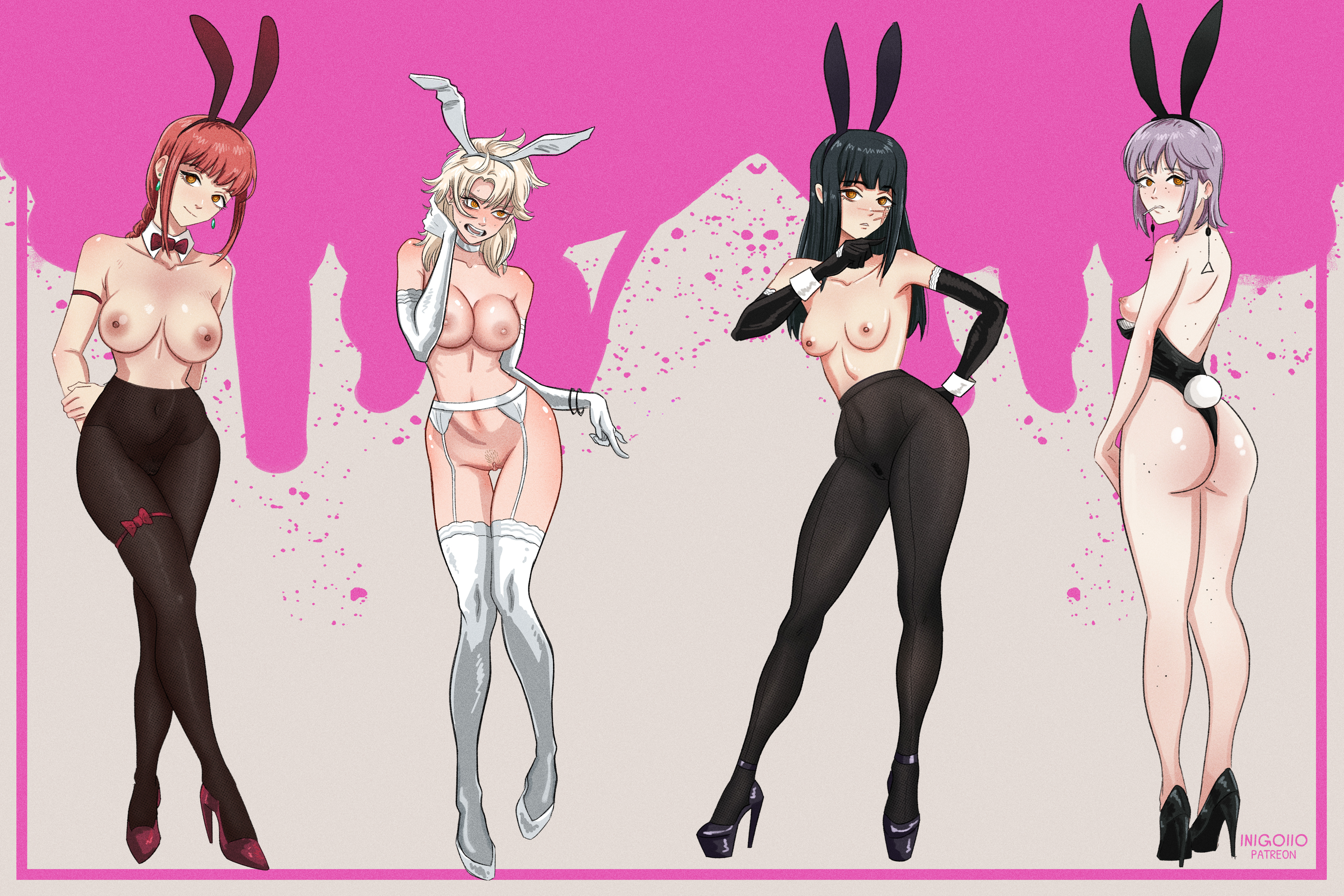 4girls, alternate version available, areolae, arm gloves, arms behind back, ass, back view, bare shoulders, big ass, big breasts, black bunnysuit, black hair, blonde hair, blush, bowtie, braid, braided ponytail, breasts, bunny ears, bunny tail, bunnysuit, chainsaw man, choker, cleavage, collarbone, cuffs (clothing), death devil (chainsaw man), earrings, eyebrows, eyebrows visible through hair, eyelashes, facial scar, fake animal ears, fake bunny ears, fami (chainsaw man), female, female focus, female only, from behind, full body, hand on hip, high heels, huge breasts, inigoiio, large breasts, lavender hair, light skin, light-skinned female, lingerie, lollipop, long hair, looking at viewer, looking away, looking back, makima (chainsaw man), medium hair, mole, multiple girls, nervous, nipples, open mouth, pantyhose, playboy bunny, pubic hair, pussy, red hair, ringed eyes, scar, slender body, smile, standing, sweatdrop, topless, yellow eyes, yoru (chainsaw man)