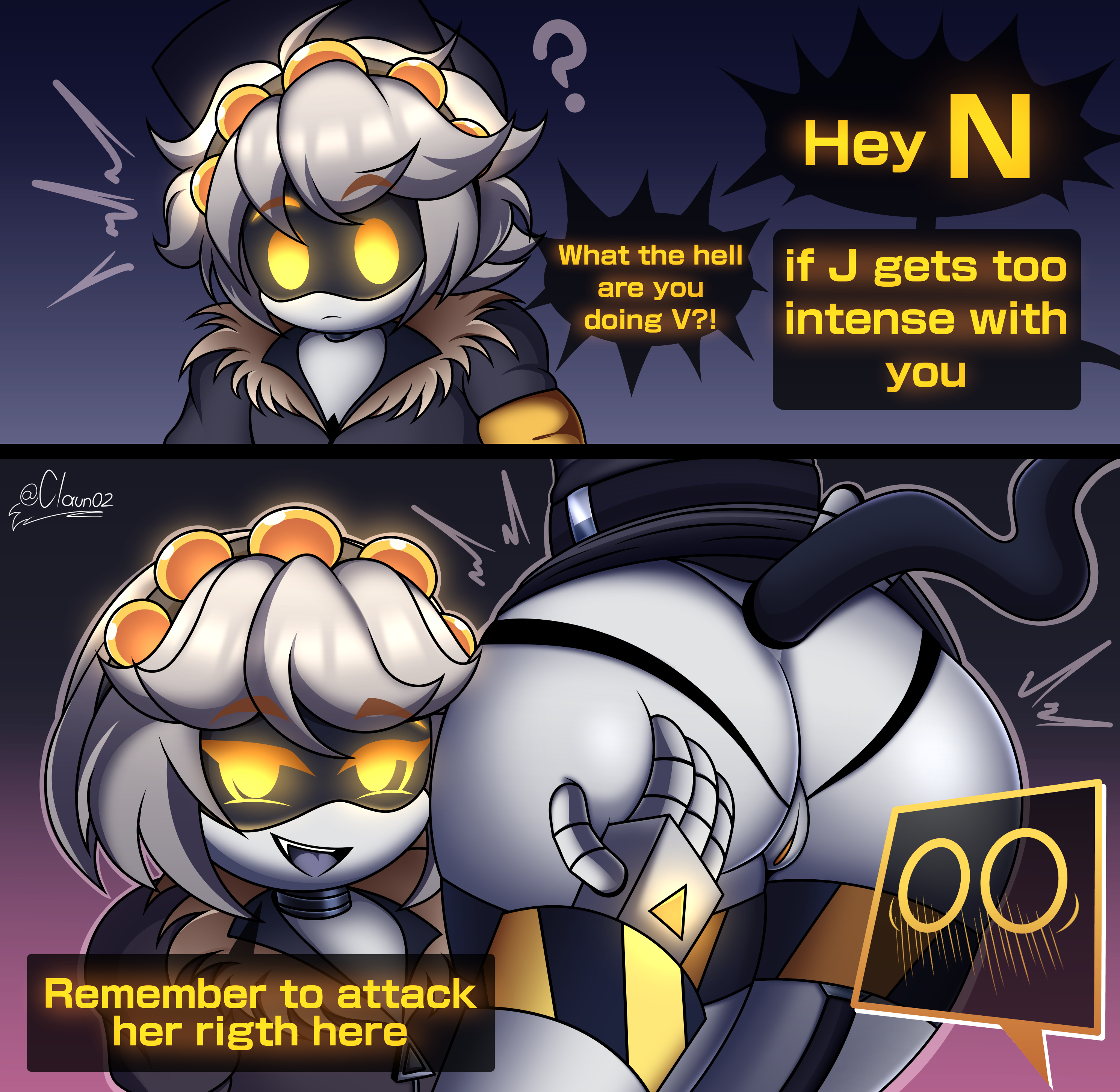 ass, ass grab, big ass, claun02, comic page, glitch productions, j (murder drones), murder drones, n (murder drones), smile, tail, text, v (murder drones), yellow eyes