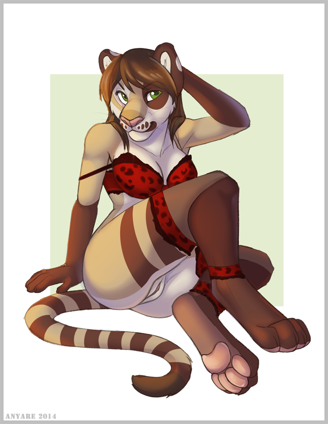 anthro anyare anyare_(character) bottomless bra clothed clothes feline female fur furry hindpaw lion lioness mammal paws pinup pose pussy sitting skimpy solo underwear