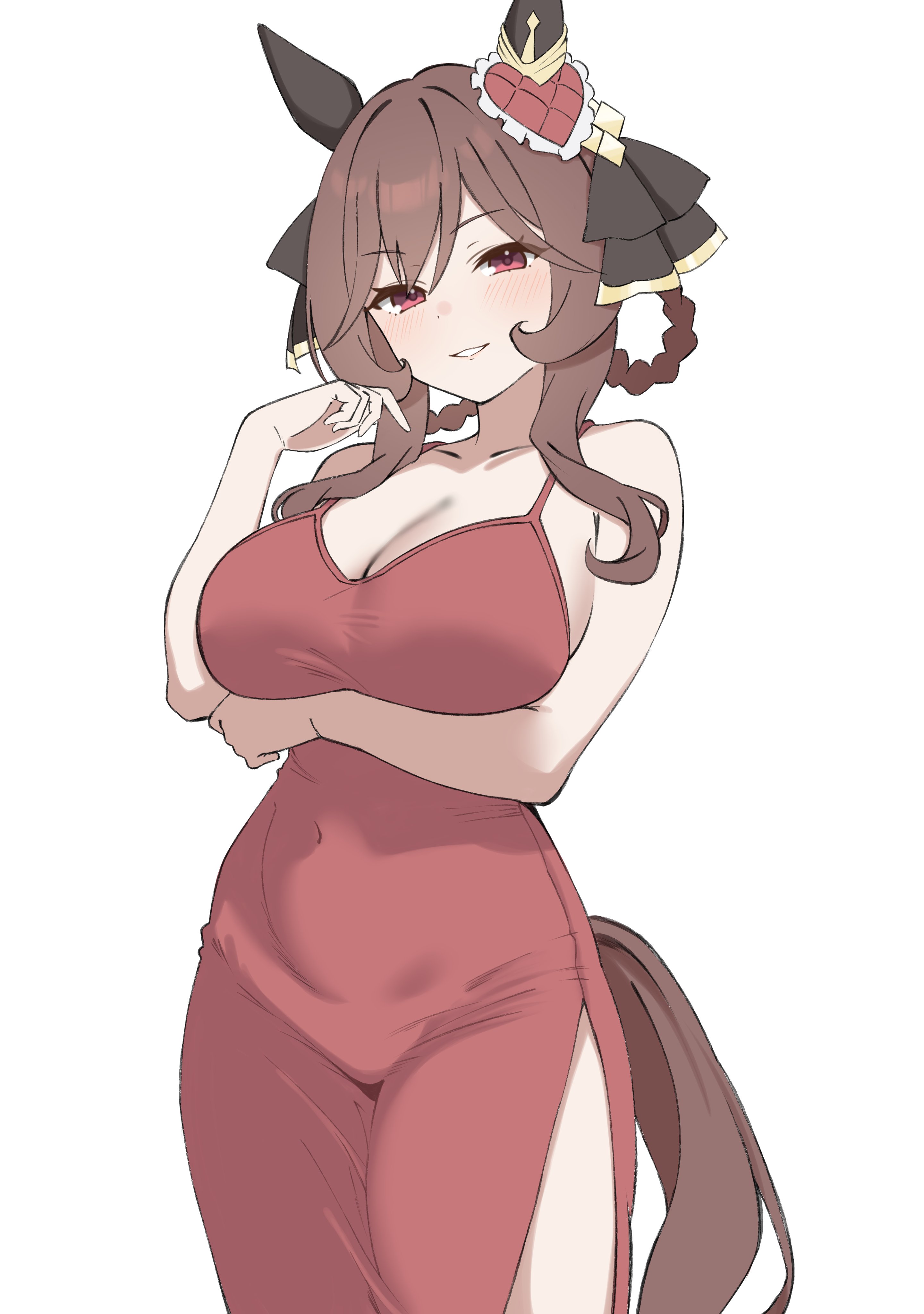 1girl, artist request, blush, braided hair rings, brown hair, cleavage, gentildonna (umamusume), horse ears, horse girl, horse tail, large breasts, looking at viewer, red dress, red eyes, smile, solo, umamusume, umamusume pretty derby