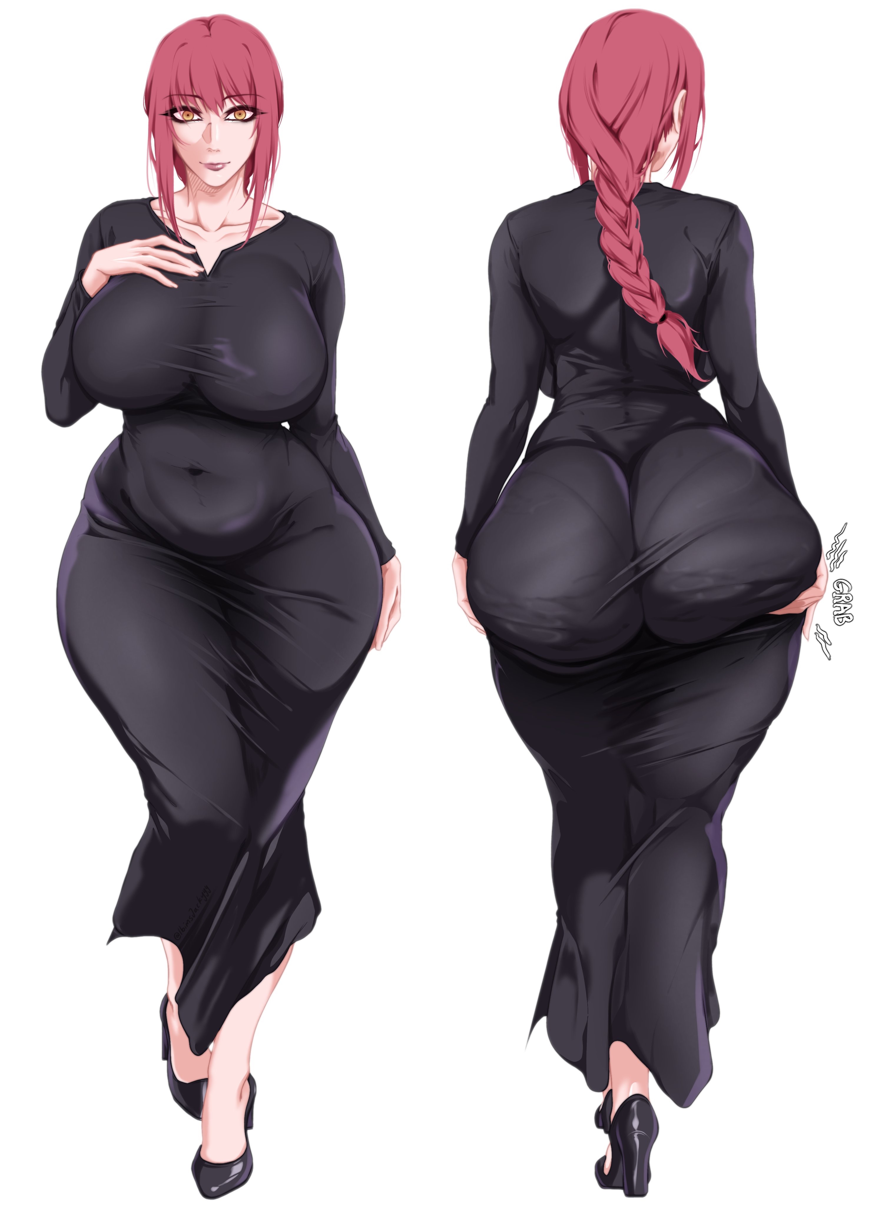 big ass, big breasts, black dress, chainsaw man, curvy, curvy female, curvy figure, dress, fully clothed, huge ass, ibimsjackyyy, light skin, light-skinned female, makima (chainsaw man), pawg, red hair, venus body, voluptuous body