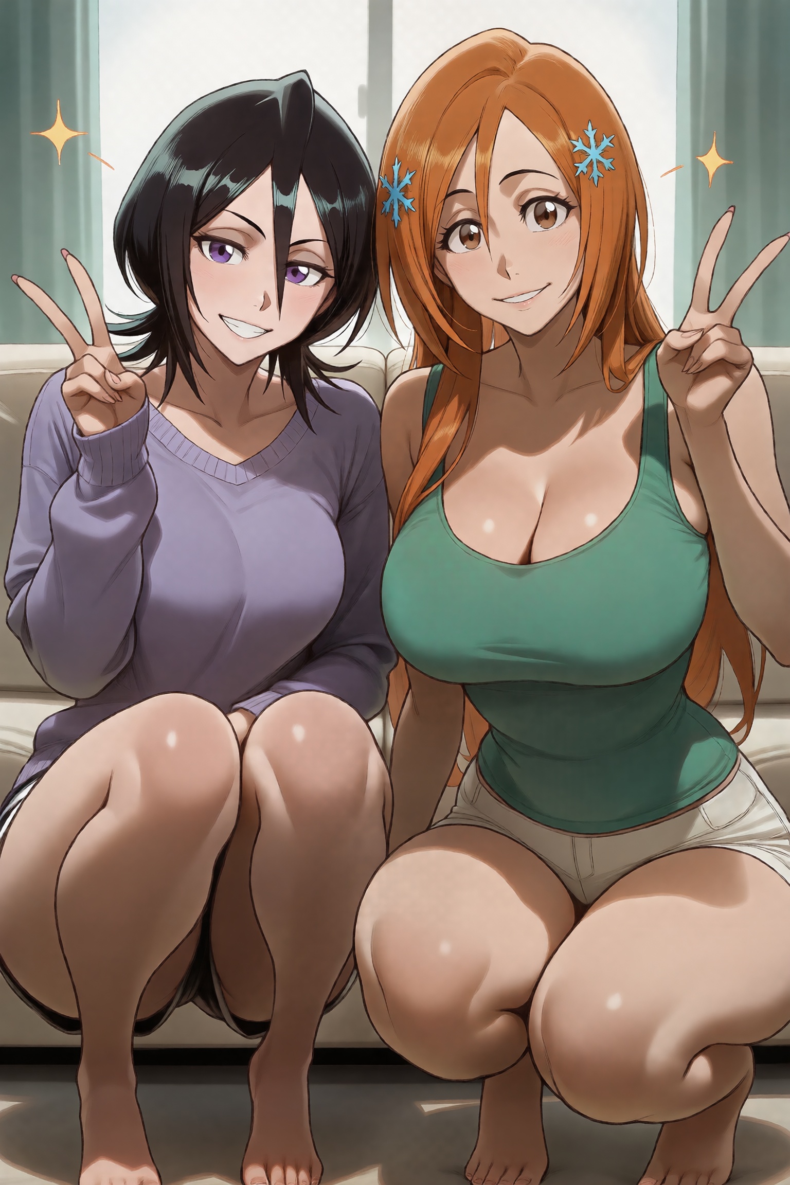 2girls, ai generated, barefoot, black hair, bleach, breasts, brown eyes, cleavage, double v, grin, hair ornament, hi res, high quality, high resolution, inoue orihime, kuchiki rukia, large breasts, long hair, looking at viewer, multiple girls, orange hair, patreon, purple eyes, seductive, sexy, short shorts, shorts, smile, sparkle, squatting, sweater, tank top, teeth, uncensored, v, w