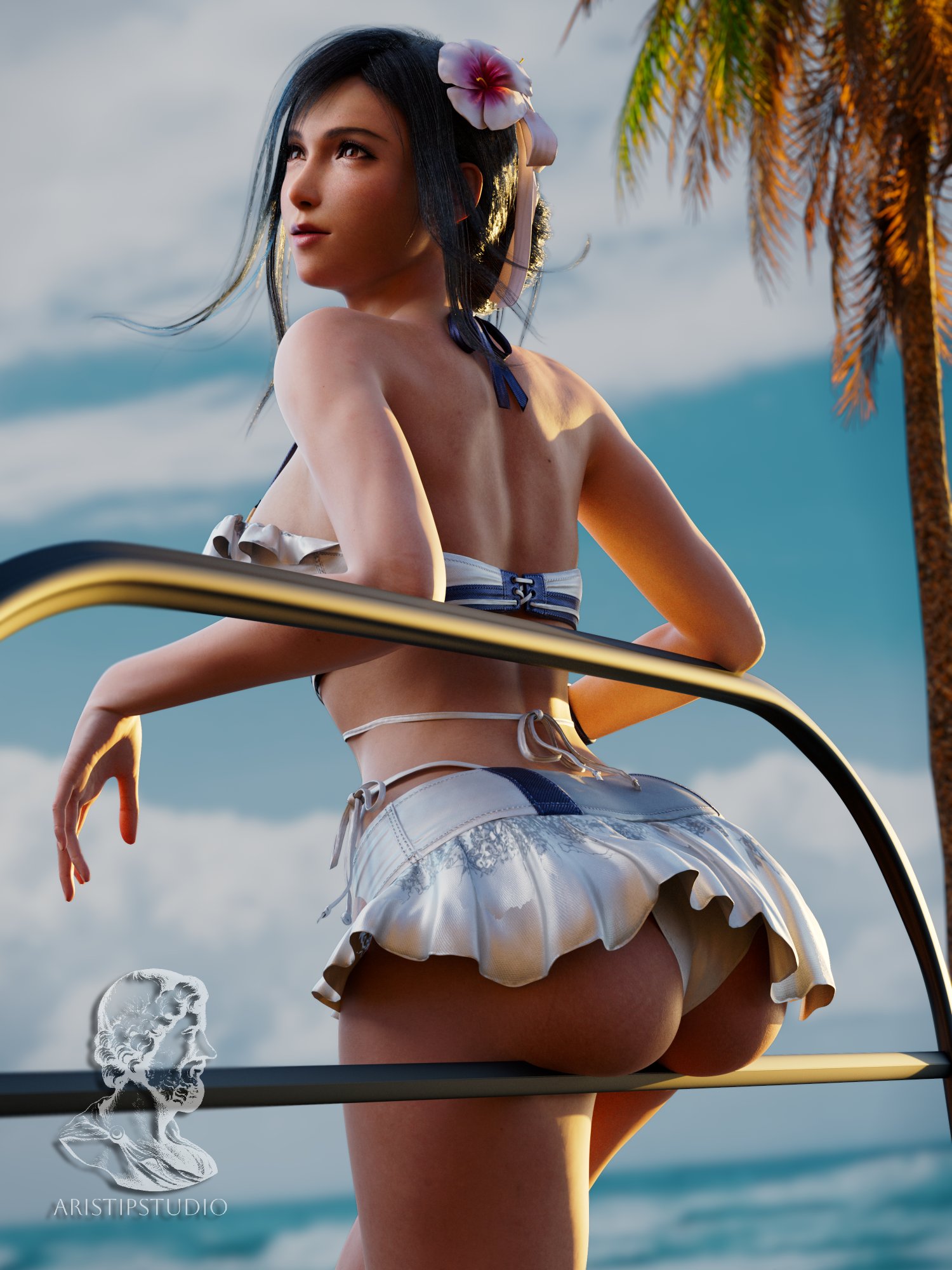 1girls, 3:4, aristipstudio, artist logo, artist name, ass, ass focus, beach, black hair, female, female only, final fantasy, final fantasy vii, final fantasy vii remake, hi res, highres, red eyes, sitting, solo, square enix, swimsuit, tifa lockhart