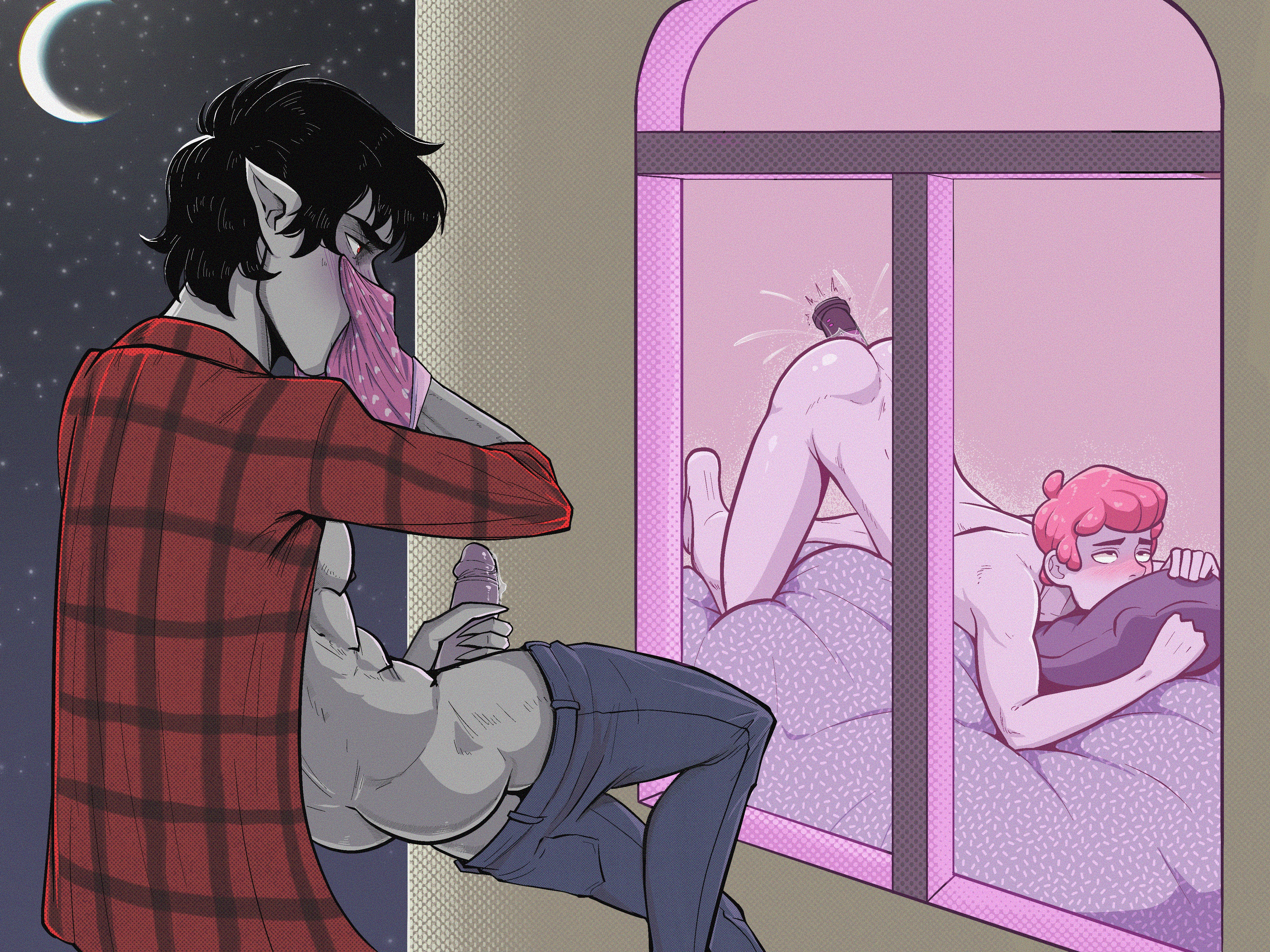 abs, adventure time, adventure time: fionna & cake, anal, anal masturbation, anal penetration, arched back, ass out, athletic body, bedroom, bedroom window, being watched, black hair, blush, blushing, blushing male, castle, clothes, clothes down, clothing, cock, cock out, crescent moon, dick, dick out, dildo, dildo in ass, eyes rolling back, femboy, femboy penetrated, feminine, feminine male, fit, fit body, fit male, flannel, flannel shirt, floating, flying, gay, gray body, gray skin, grey body, grey skin, gum, hand on penis, heart print, heart print underwear, heart symbol, heart symbols, hearts, humanoid, icarus the moon, jeans, jeans down, jerking, jerking off, jerkingoff, light pink body, light pink skin, lowered pants, male, male focus, male only, male penetrated, marshall lee, masturbation, moon, naked, naked male, night, night sky, nude, nude male, nudity, open clothes, open shirt, outdoors, partially clothed, partially nude, penetrated, penetrated male, penetration, penis, penis out, pillow, pillow hug, pink body, pink hair, pink skin, pointed ears, pointy ears, precum, precum drip, precum on cock, precum on dick, precum on penis, prince, prince gumball, red eyes, round ass, round butt, royal, royalty, sex toy, sex toy in ass, sex toy penetration, smell fetish, smelling, smelling clothes, smelling underwear, sniffing, sniffing clothes, sniffing underwear, stalker, stalking, star, starry sky, submissive, submissive male, supernatural, toned, toned body, toned male, toned stomach, twink, twink penetrated, undead, undead male, underwear, underwear sniffing, vampire, vampire male, vibrator, vibrator in ass, voyeur, voyeurism, wall, wall (structure), watching, watching masturbation, watching through window, window, yaoi