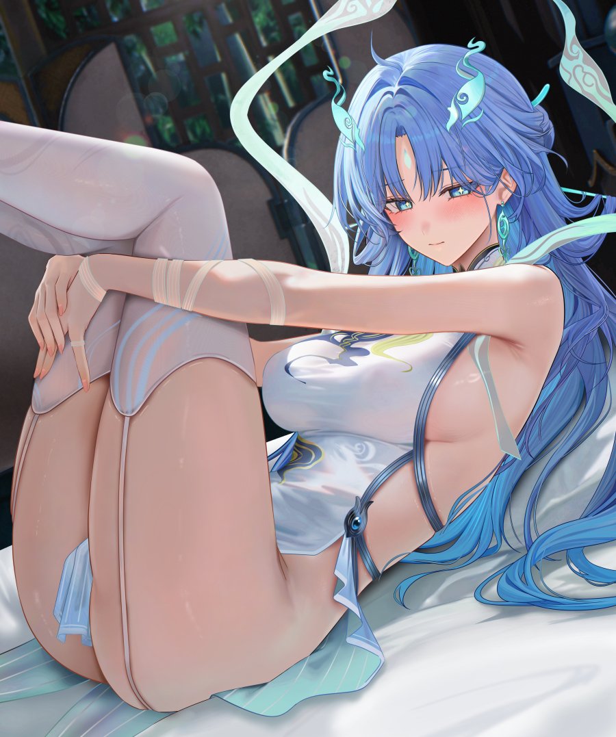 1girls, big breasts, blue eyes, blue hair, breasts, female, large breasts, long hair, lying, lying on back, lying on bed, qingxiao (wuthering waves), ru zhai, ruzhai, sideboob, wuthering waves