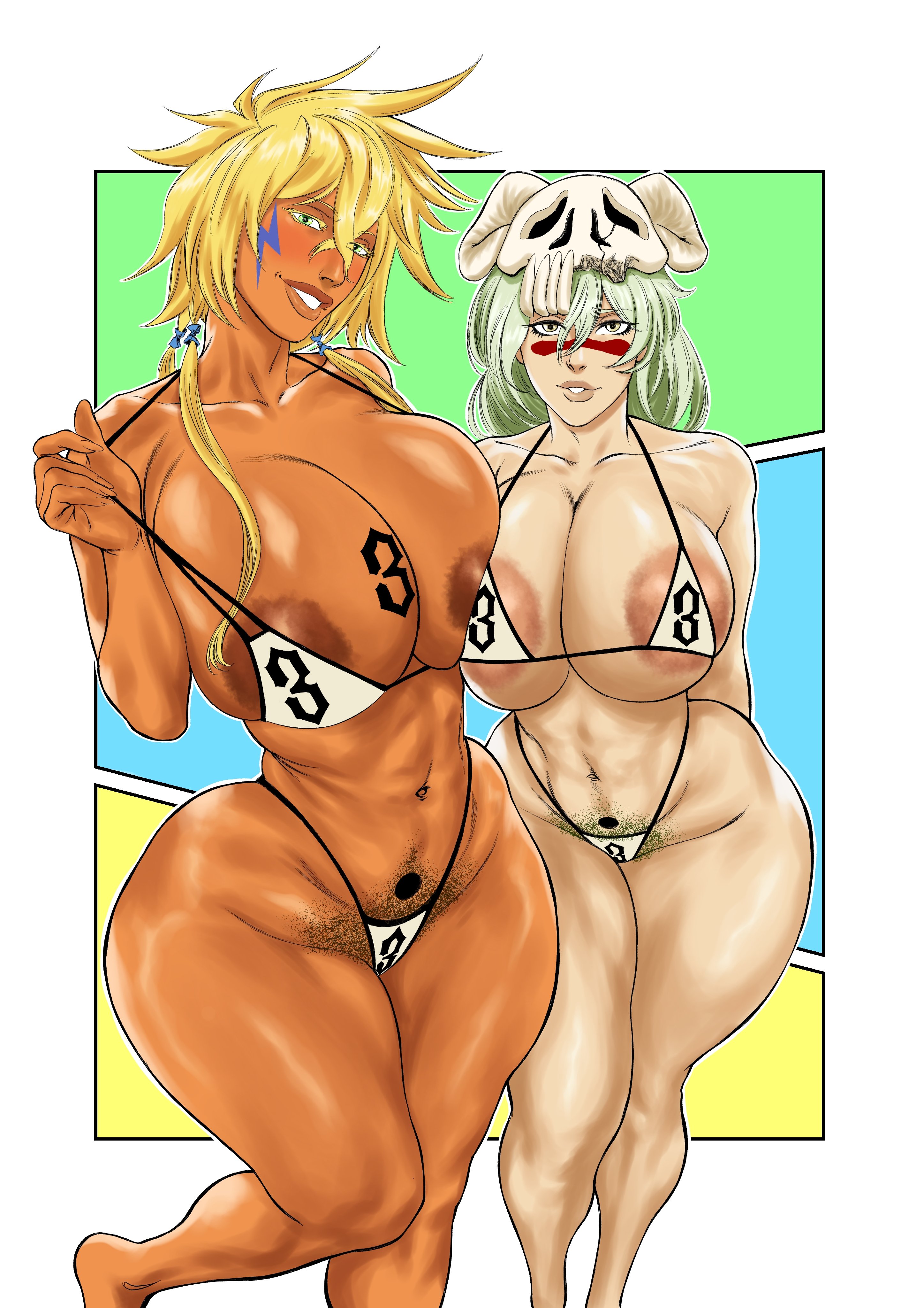 2d, 2girls, alternate version available, areolae, bikini, bleach, bleach: the thousand-year blood war, blonde hair, breasts, busty, dark skin, dark-skinned female, female, female only, female pubic hair, gorgonzol60688, green hair, light skin, light-skinned female, looking at viewer, nelliel tu odelschwanck, pubes, pubic hair, tagme, thick thighs, thighs, tia harribel
