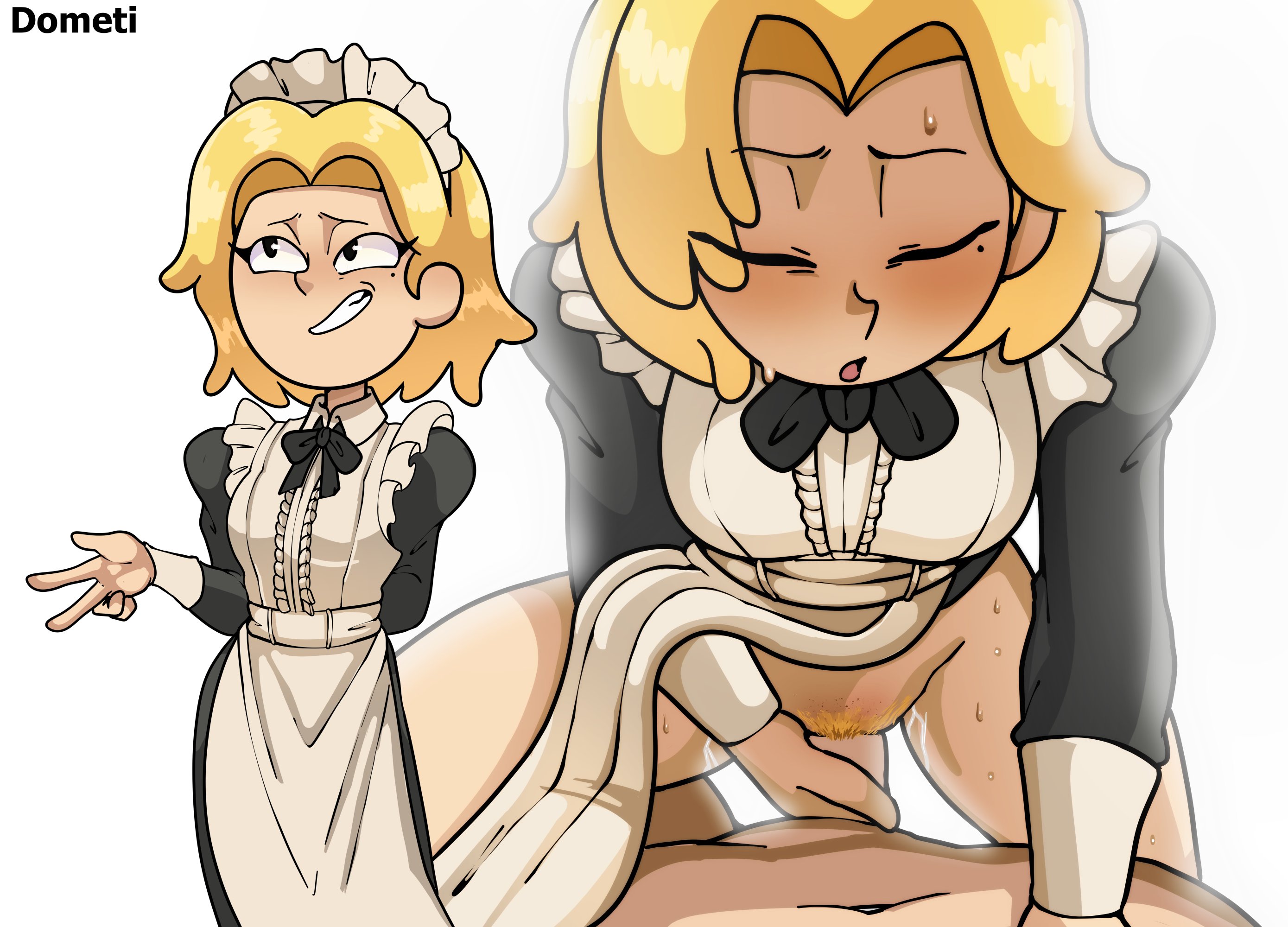 1boy, 1boy1girl, 1girl, amphibia, blonde female, blonde hair, breasts, dometi art, girl on top, guiding penis, maid, maid uniform, male penetrating female, penis in pussy, pov, pubes, sasha waybright, sex, sweat, white background