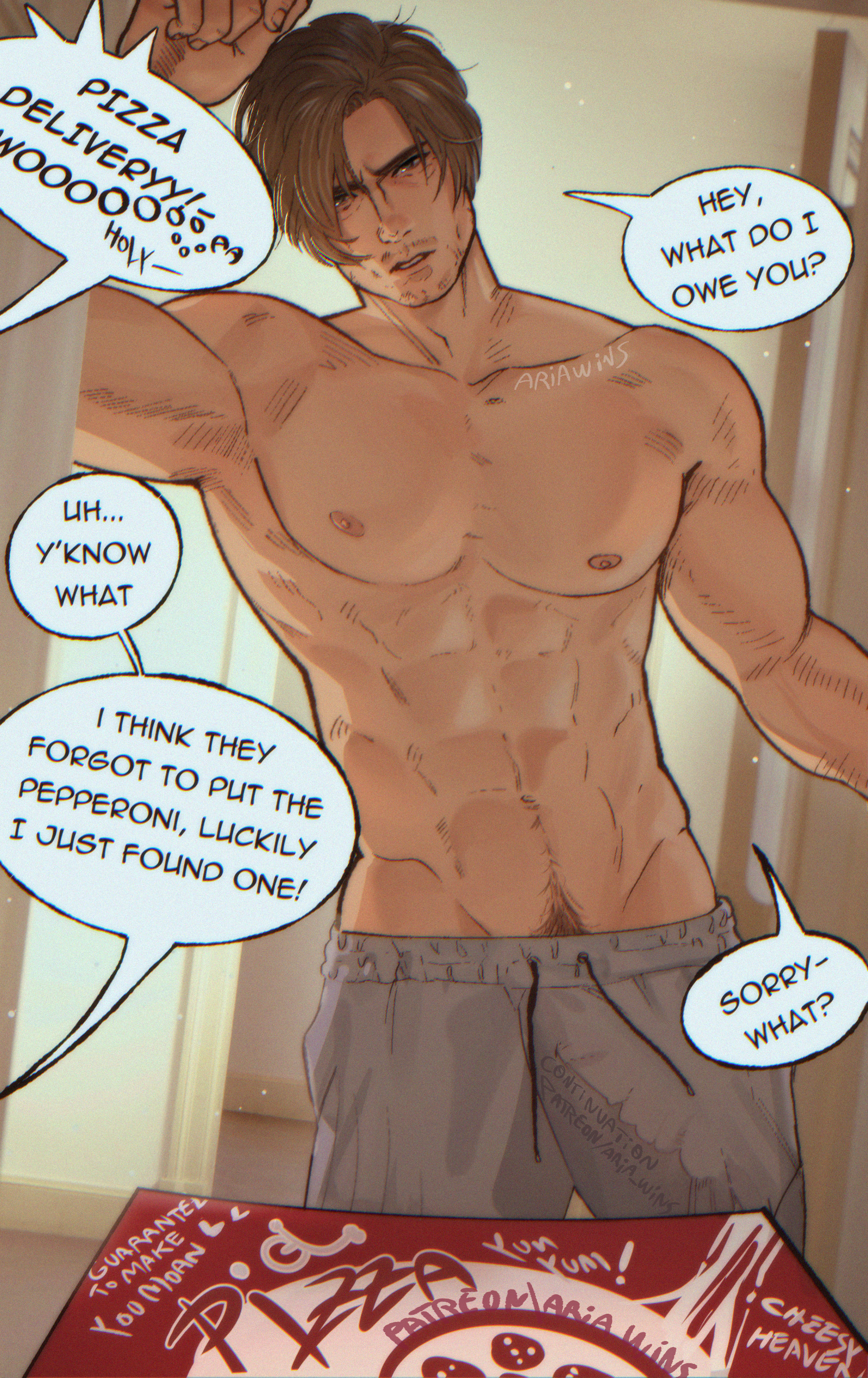 1boy, abs, big penis, biohazard, boner, boner in pants, bulge under clothes, capcom, delivery employee, dialogue, english text, erection, erection under clothes, fit, fit male, grey sweatpants, happy trail, hard on, leon scott kennedy, leon scott kennedy (eduard badaluta), looking at viewer, looking down, male, male focus, male only, muscular, muscular male, opening door, pecs, penis shaped bulge, pizza box, pizza delivery, pov, pubic hair, pubic hair peek, resident evil, resident evil 2 remake, resident evil 4 remake, resident evil 9: requiem, see-through clothing, shirtless, shirtless male, solo male, surprised, toned, toned body, toned male, toned stomach, viewer pov