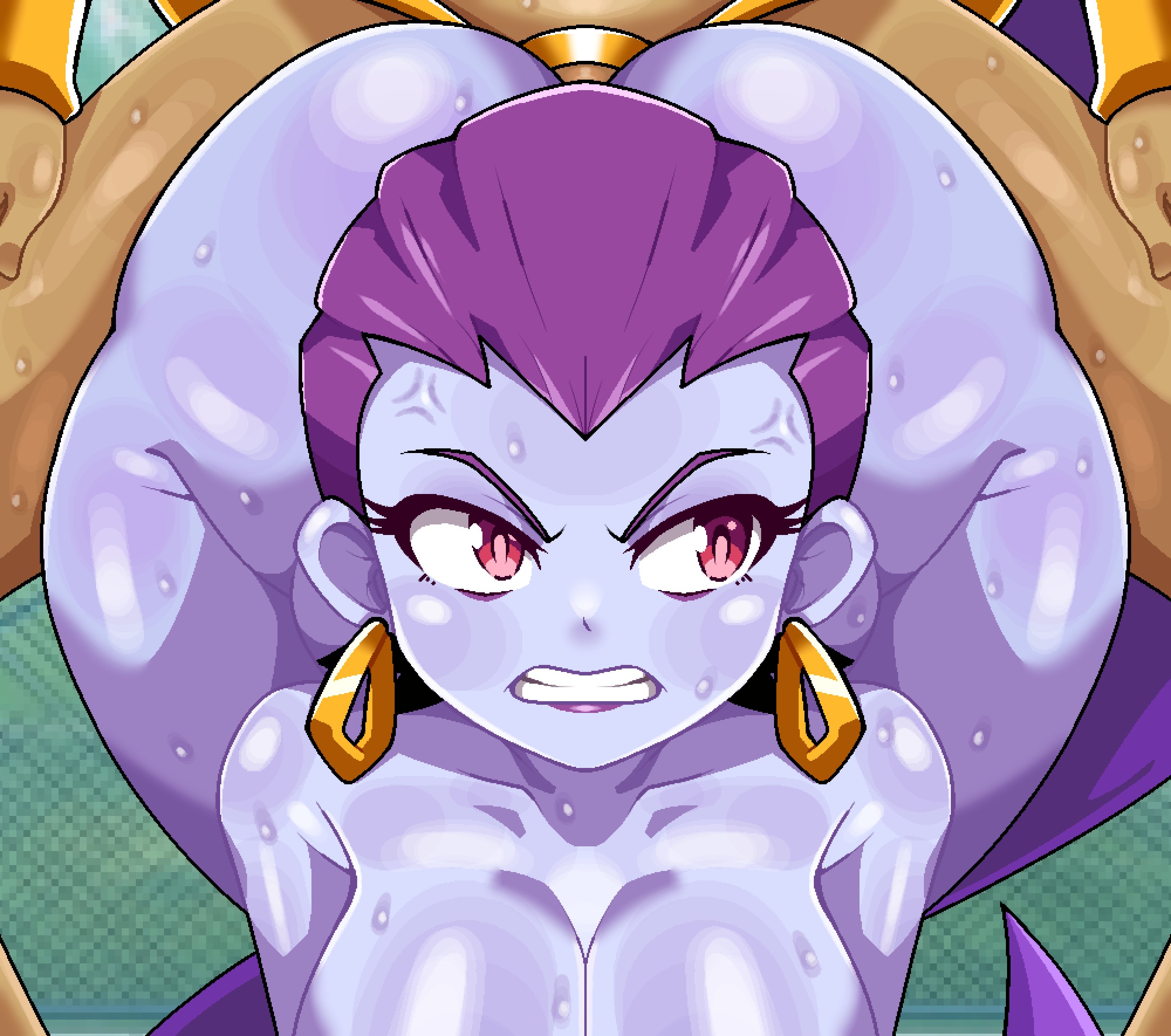 2girls, ass, bent over, big ass, breasts, female, female focus, female only, from behind, front facing with ass, huge ass, large breasts, leaning forward, looking at viewer, meme, nude, please look forward to it, purple hair, purple skin, risky boots, shantae, shantae (character), solo, thick thighs, thighs, wide hips, yama jet16, yuri