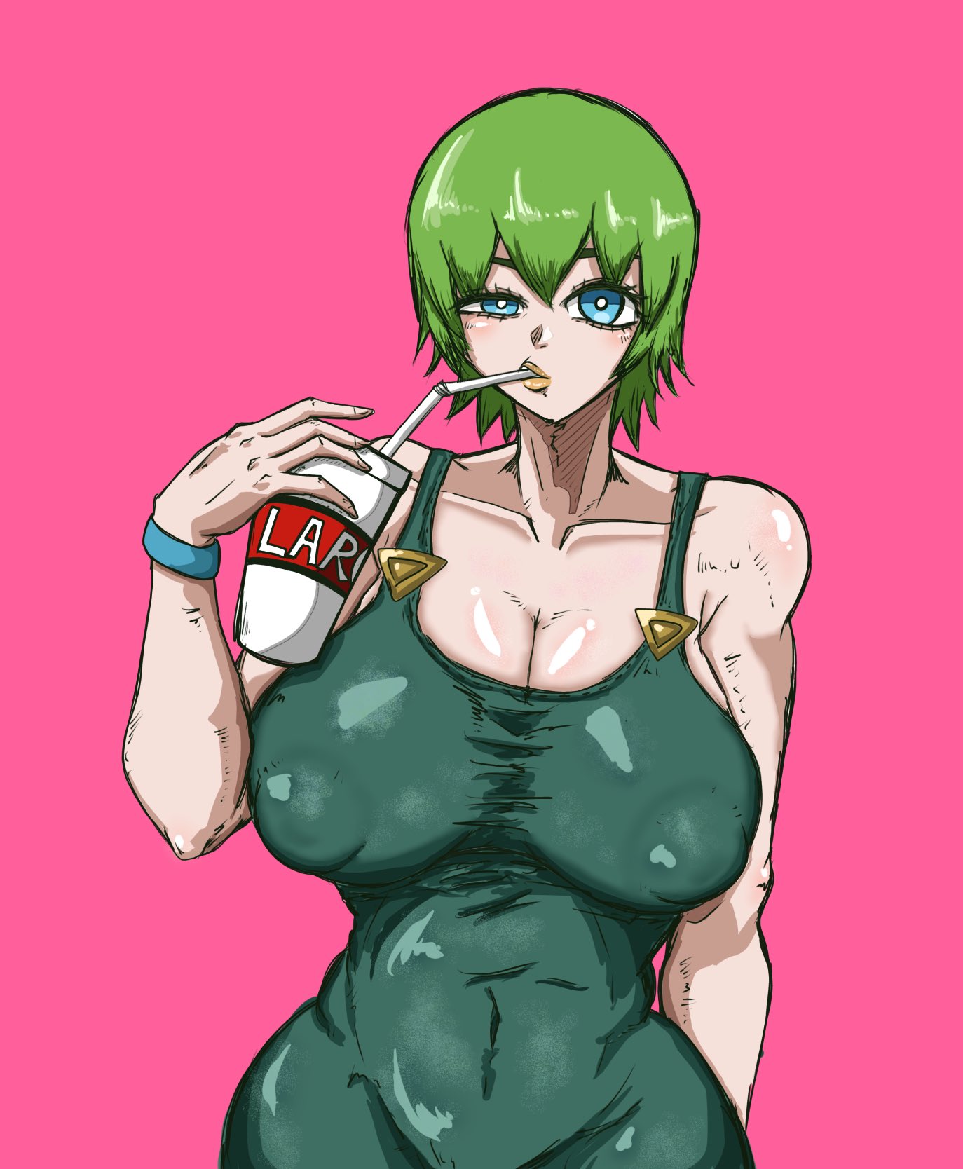 2d, alternate breast size, areolae, areolae visible through clothing, big breasts, blue eyes, clothed, clothed female, drink, drinking straw, foo fighters, green hair, jojo no kimyou na bouken, jojo's bizarre adventure, looking at viewer, nipples visible through clothing, pink background, short hair, simple background, sipping, solo, solo female, stone ocean, tight clothing