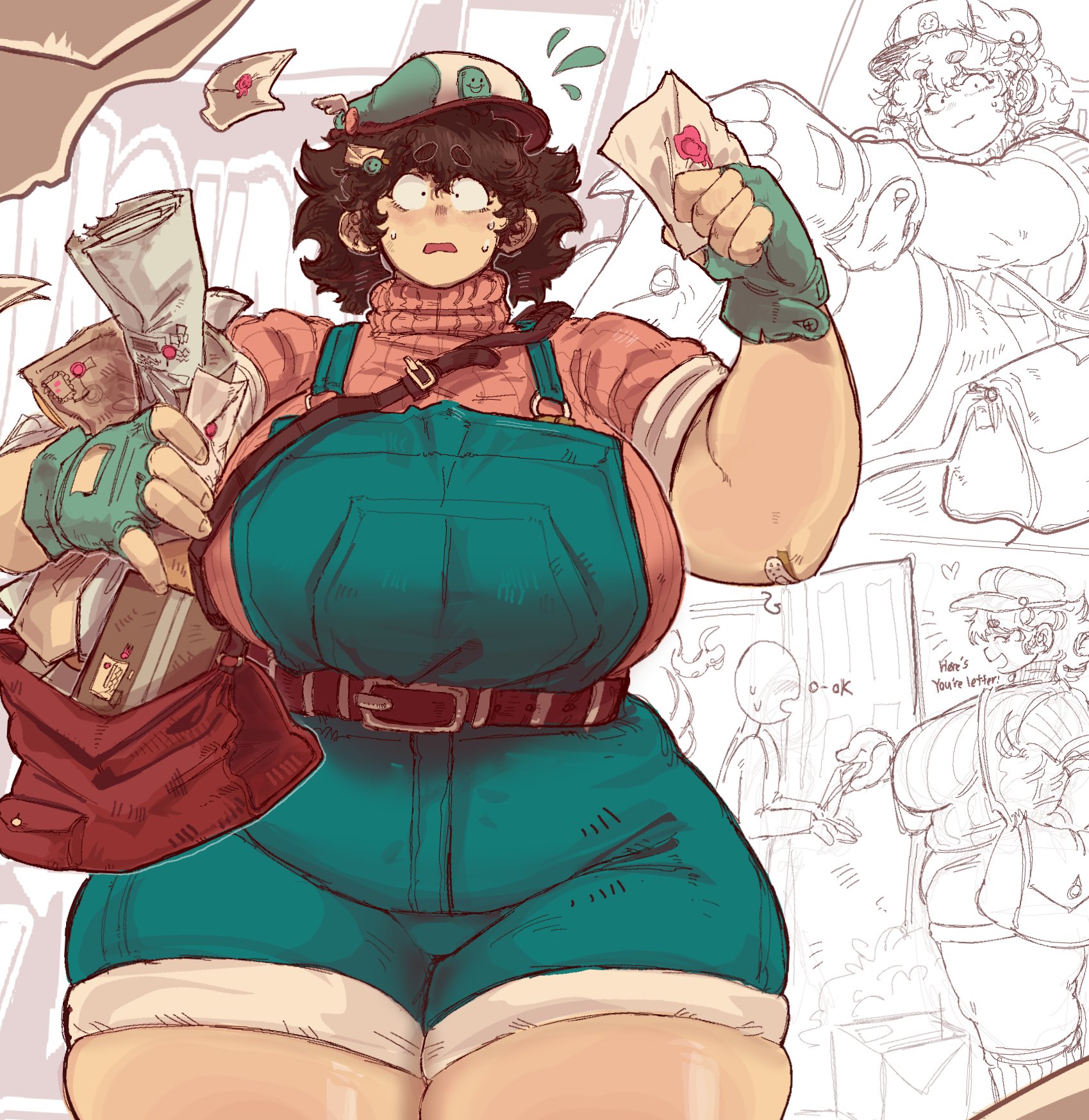 1girls, alternate costume, alternate hair color, auburn hair, bbw, beautiful, beautiful girl, blush, bottom heavy, chubby, chubby belly, chubby female, cute, dark hair, fat, female, french, friday night funkin, friday night funkin mod, funny, girlfriend (friday night funkin), hips wider than shoulders, huge breasts, huge thighs, hyper thighs, korean nooby (artist), mail, mailwoman, massacre girlfriend (friday night funkin), millie (mistful crimson morning), mistful crimson morning, nervous, nervous expression, nervous sweat, oc, original, overalls, side view, sketch page, smile, sweat, sweatdrop, sweater, thick ass, thick female, thick thighs, thighs, thunder thighs, tight clothing, turtleneck, wide hips