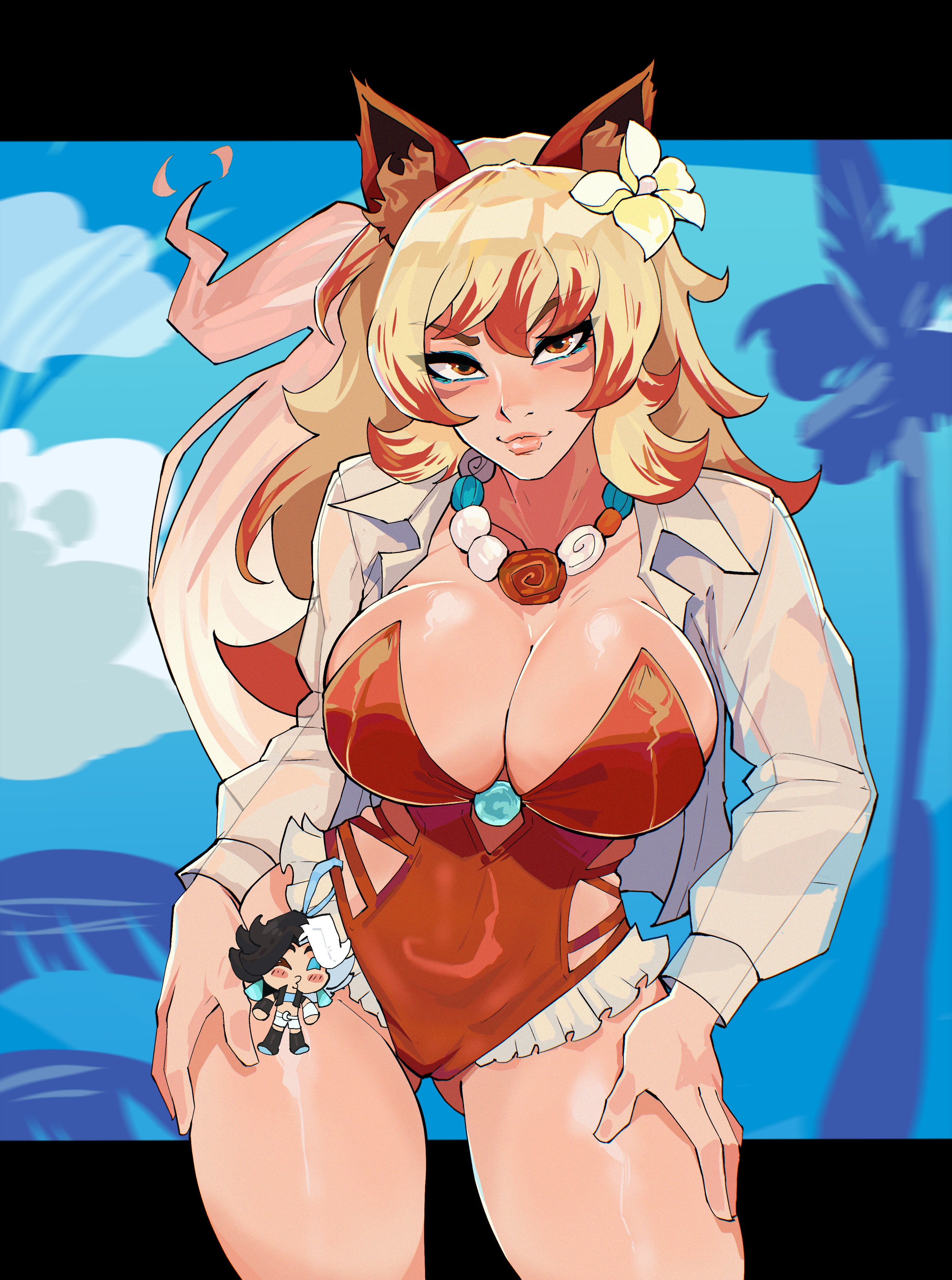 1girls, 2d, alternate version available, ami han, asian, asian female, big breasts, cameltoe, character doll, female, female only, fully clothed, huge breasts, luna snow, luna snow (marvel rivals), marvel, marvel rivals, plushie, solo, swimsuit, thick thighs, thigh gap, trazhwall, white fox (coastal kumiho), white fox (marvel rivals), white fox (marvel)
