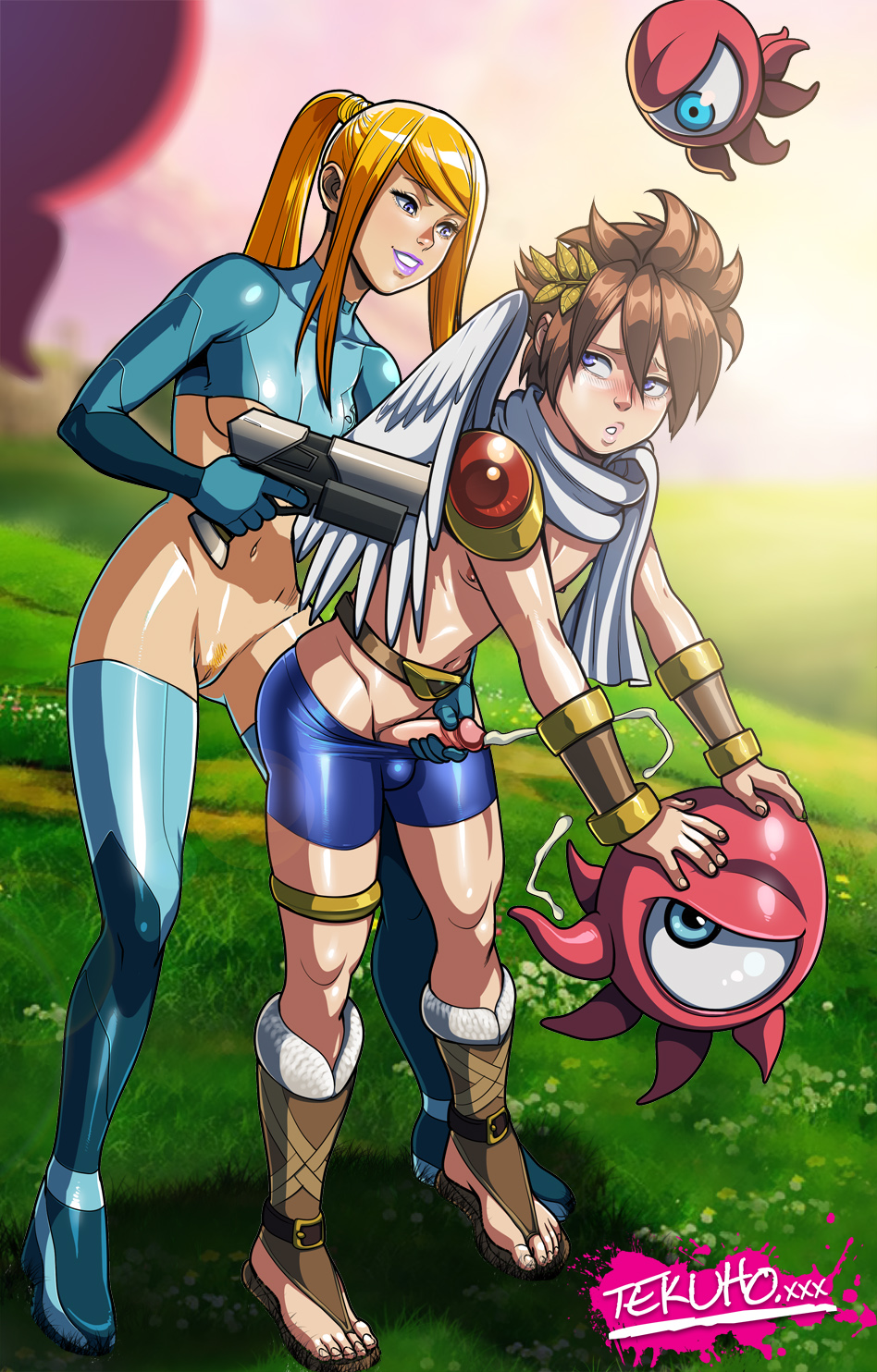 1boy 1girls adapted_costume at_gunpoint belt bike_shorts blonde_hair blue_eyes bodysuit breasts brown_hair bulge clothed color crossover cum ejaculation erection female femboy femboy_on_female femdom firearm grass grin gun gunpoint hair_ornament handgun handjob height_difference highres human kid_icarus larger_female leaning lips looking_at_another looking_back male male/female malesub masturbation metroid monoeye monster navel nintendo nipples open_toe_shoes outdoors pale_skin parted_lips penis penis_out pit_(kid_icarus) ponytail pubic_hair pursed_lips pussy reach_around samus_aran scarf size_difference skin_tight smaller_male smile straight super_smash_bros. tekuho tied_hair uncensored underboob watermark weapon web_address wings zero_suit zero_suit_samus