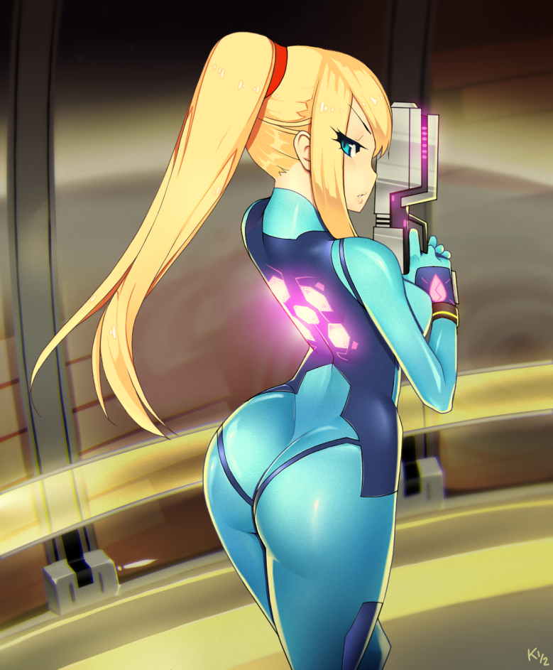 1girls ass ass_focus blonde_hair blue_eyes bodysuit dat_ass female female_only gun human kuroonehalf metroid nintendo ponytail samus_aran solo standing tied_hair tight_clothes weapon zero_suit zero_suit_samus