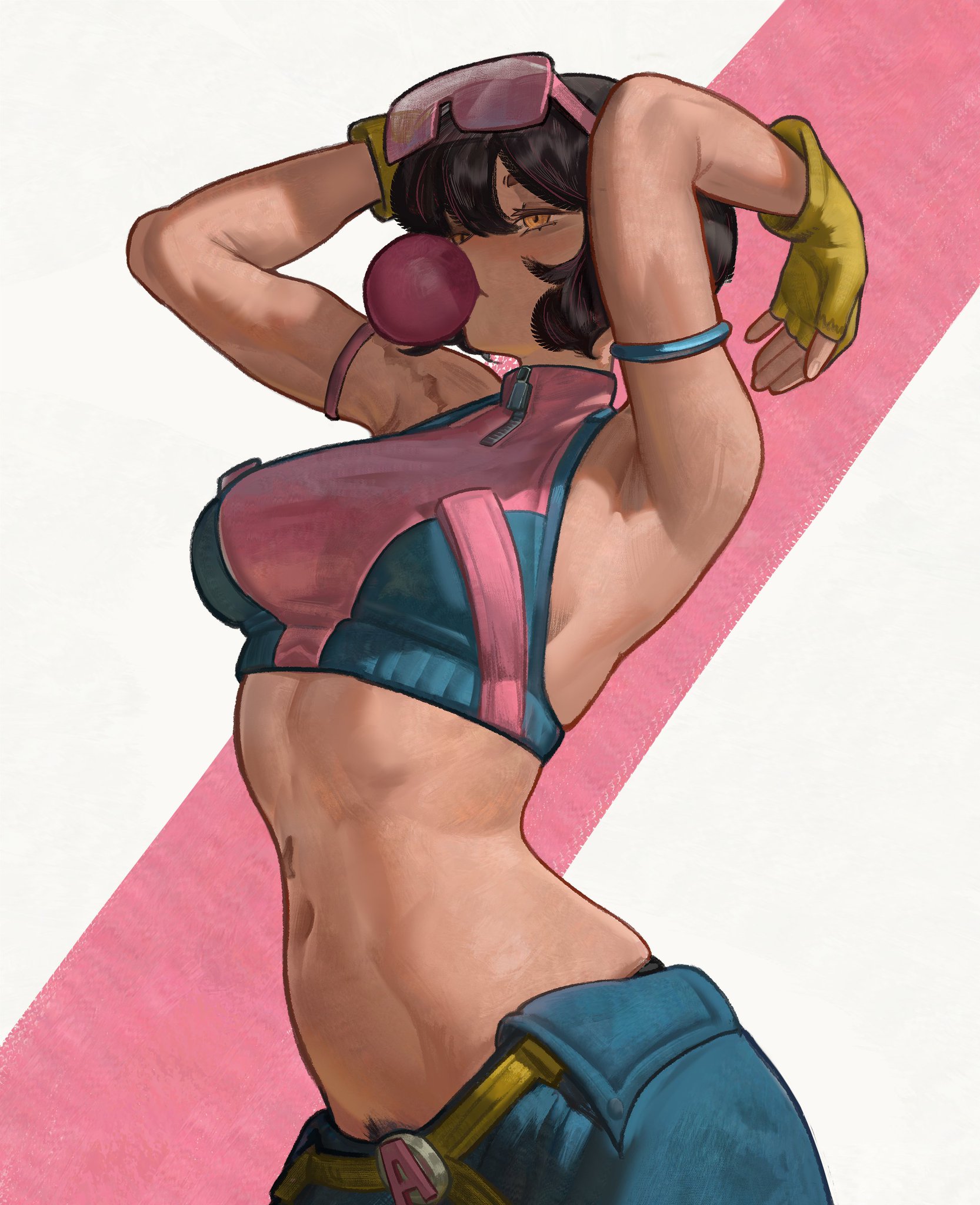2d, armpits, arms up, big ass, bubble gum, fingerless gloves, fully clothed, jubilation lee, jubilee, jubilee (marvel rivals), marvel, marvel rivals, midriff, navel, pubic hair, solo, sportswear, sunglasses on head, yellow eyes