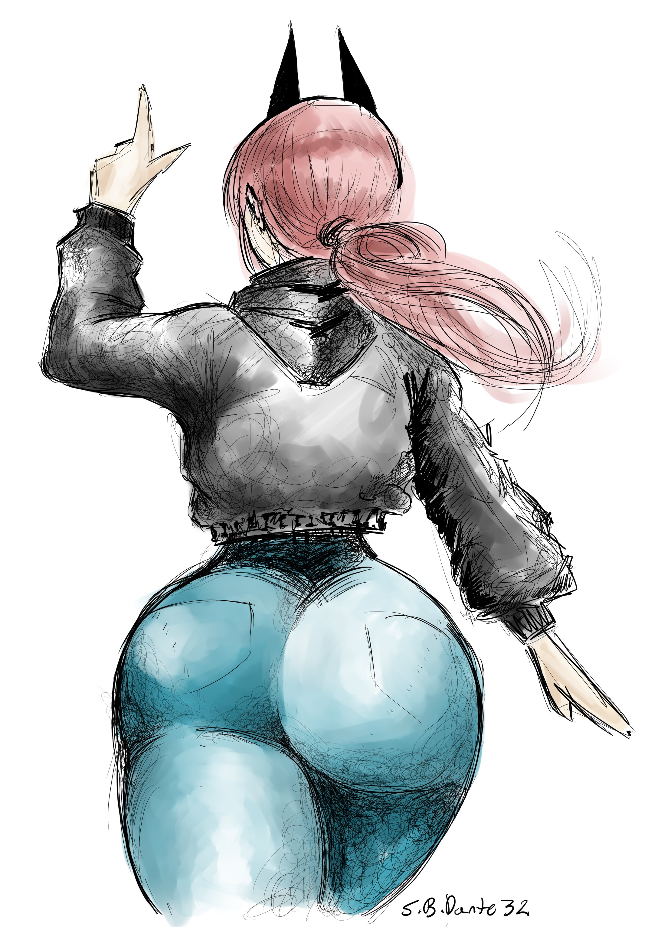 1girls, artist request, ass, ass bigger than head, ass focus, big ass, bubble butt, chainsaw man, clothing, dumptruck ass, female, female focus, female only, from behind, hoodie, horns, huge ass, jeans, pink hair, ponytail, power (chainsaw man), solo, solo female, solo focus, thick, thick ass, thick thighs
