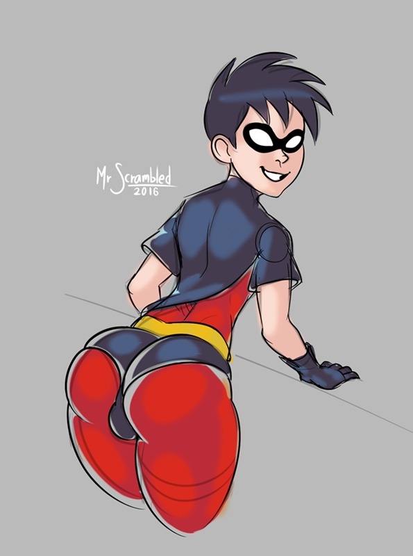 1boy, 2016, ass, batman (series), batman: the animated series, bodysuit, bubble butt, dc, dc comics, dcau, femboy, girly, looking at viewer, male, male only, mrscrambled, robin (dc), robin (the new batman adventures), skin tight, solo, the new batman adventures, tim drake (dcau)