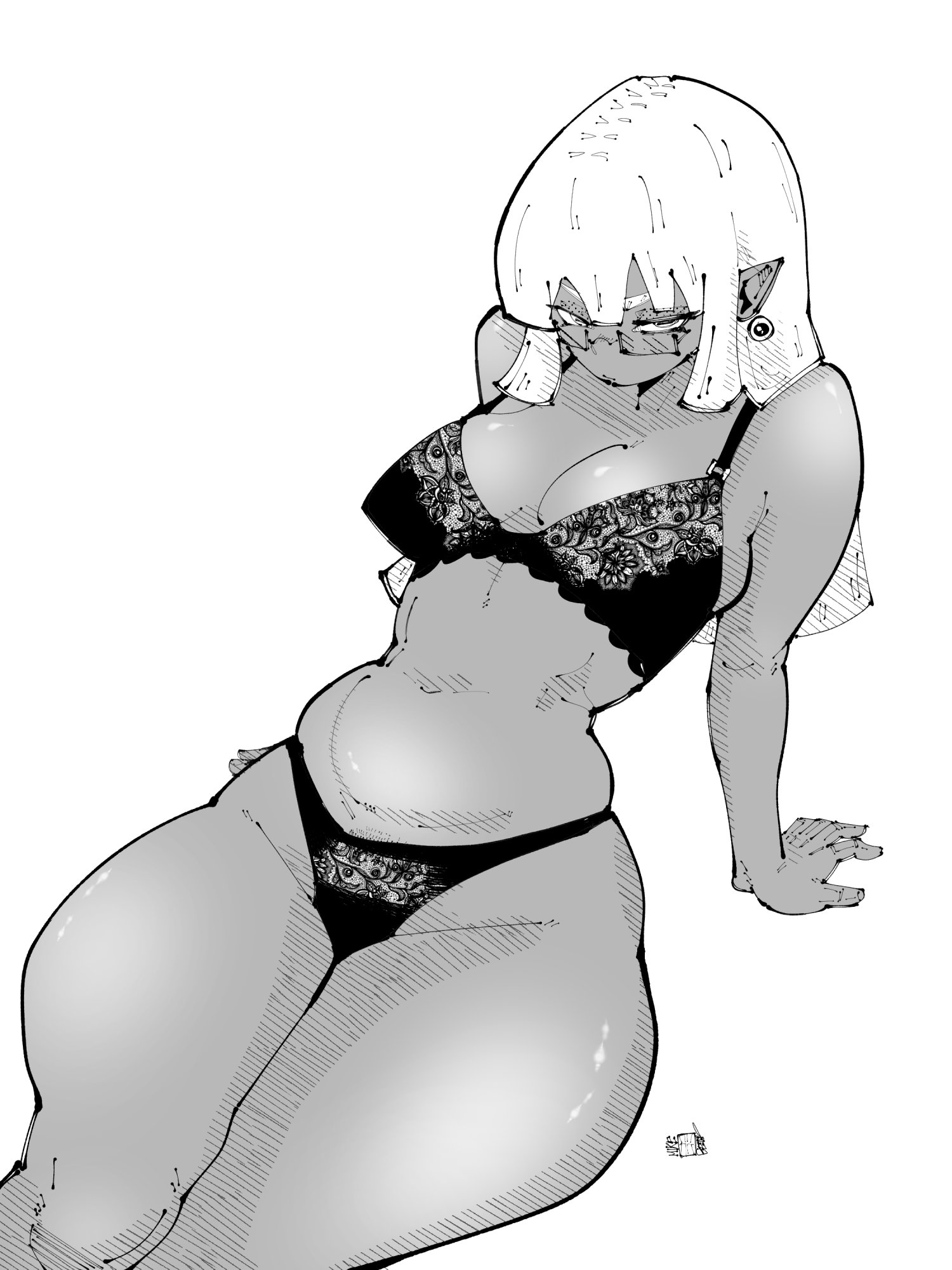 1girl, big breasts, bra, breasts, busty, cleavage, commentary, dark elf, dark skin, dark-skinned female, earrings, elf, english commentary, female, female only, glasses, highres, hourglass figure, huge breasts, jewelry, large breasts, long hair, miregeist, monochrome, navel, original, panties, pointy ears, sitting, slim waist, solo, tagme, thick, thick thighs, thighs, white hair, wide hips