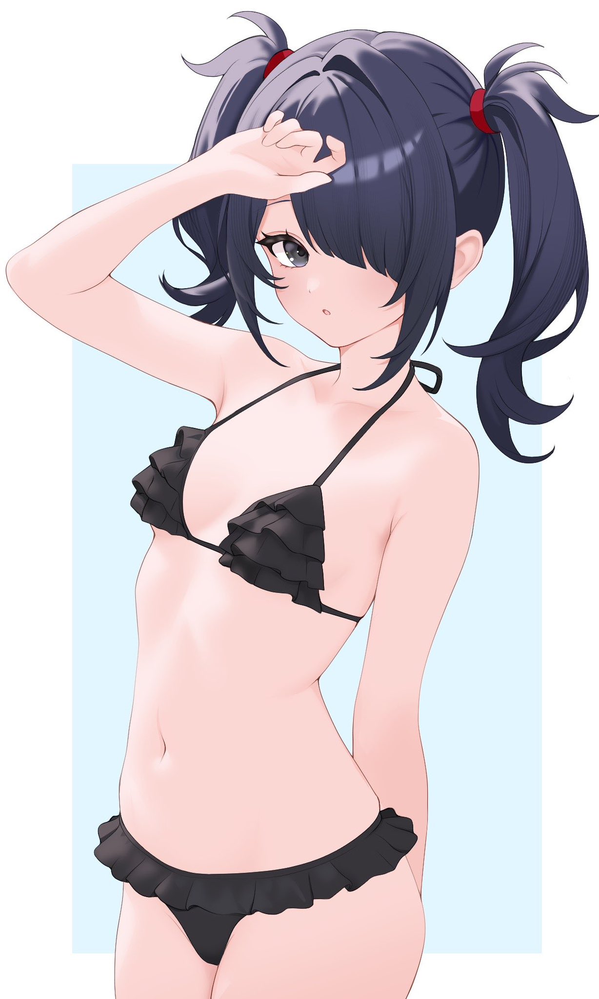 1girl, ame-chan (needy girl overdose), arm up, bikini, black bikini, black eyes, black hair, breasts, frilled bikini, frills, hair over one eye, highres, inami (x spidekawaii x), looking at viewer, navel, needy girl overdose, small breasts, solo, swimsuit, twintails