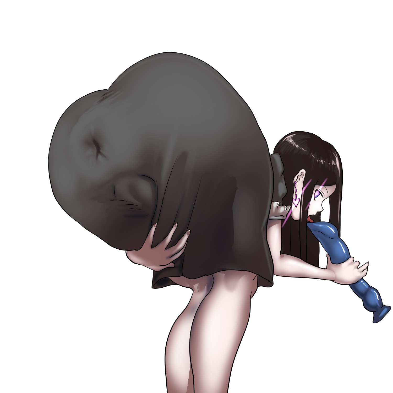 1girls, 2021, 2d, 2d (artwork), anus outline, asian female, ass, bent over, blue dildo, cameltoe, dildo, dress, earrings, glowing eyes, grey dress, licking dildo, long hair, original, pon (artist), sex toy, tagme