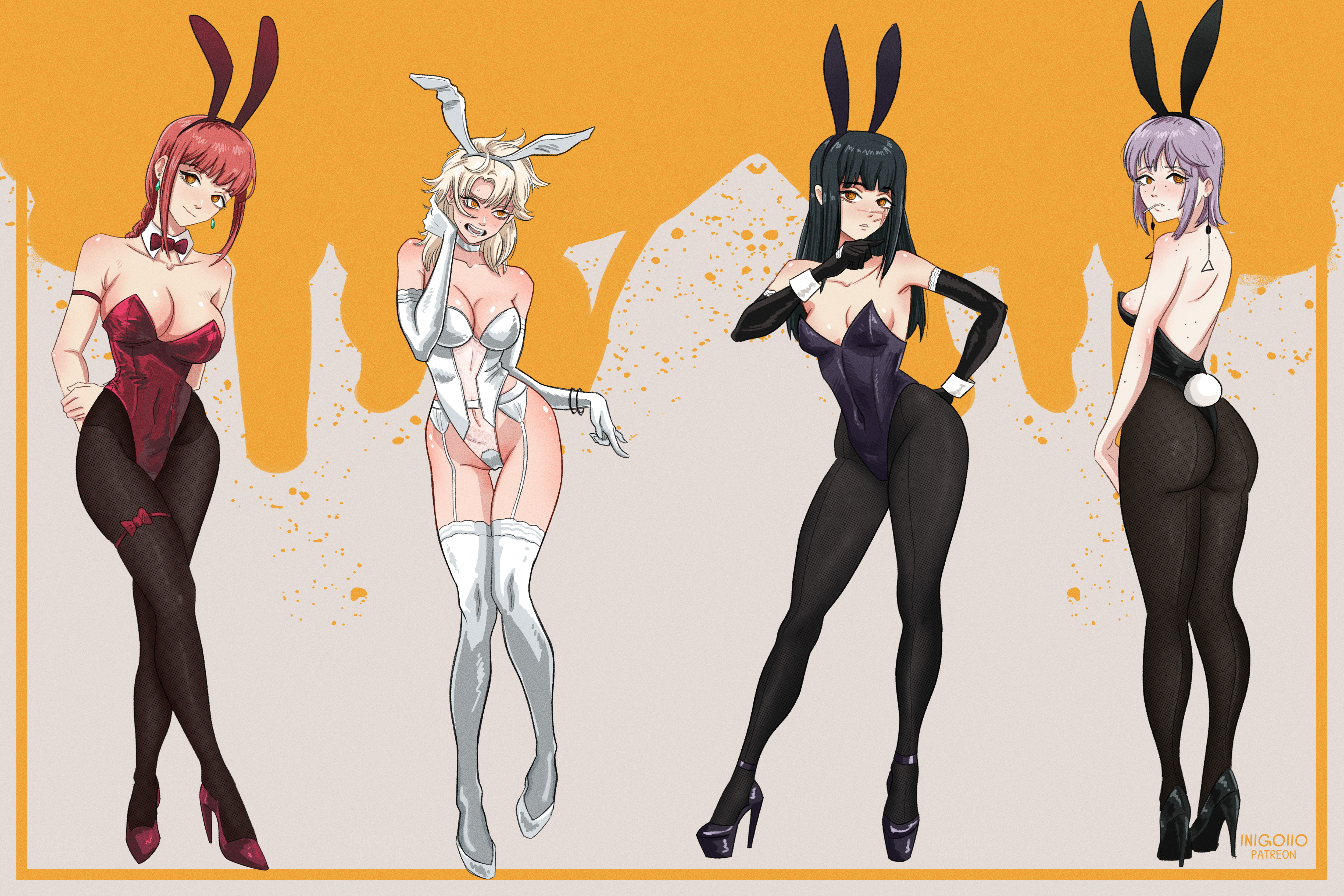 4girls, alternate version available, arm gloves, arms behind back, ass, back view, bare shoulders, big ass, big breasts, black bunnysuit, black hair, blonde hair, blush, bowtie, braid, braided ponytail, breasts, bunny ears, bunny tail, bunnysuit, chainsaw man, choker, cleavage, collarbone, cuffs (clothing), death devil (chainsaw man), earrings, eyebrows, eyebrows visible through hair, eyelashes, facial scar, fake animal ears, fake bunny ears, fami (chainsaw man), female, female focus, female only, from behind, full body, hand on hip, high heels, huge breasts, inigoiio, large breasts, lavender hair, light skin, light-skinned female, lingerie, lollipop, long hair, looking at viewer, looking away, looking back, makima (chainsaw man), medium hair, mole, multiple girls, nervous, open mouth, pantyhose, playboy bunny, red bunnysuit, red hair, ringed eyes, scar, see-through, slender body, smile, standing, sweatdrop, white bunnysuit, yellow eyes, yoru (chainsaw man)