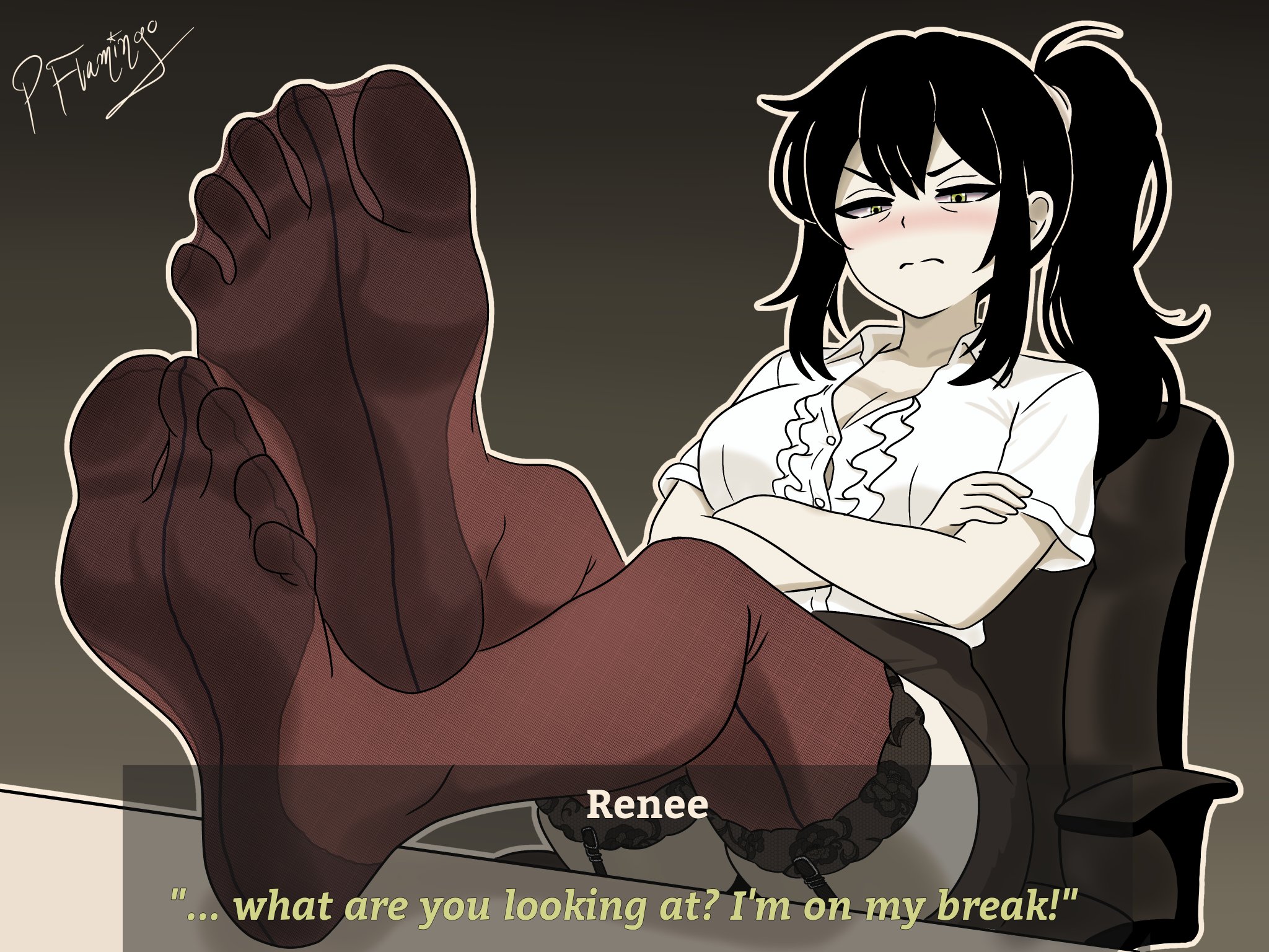 4:3, big breasts, black hair, blushed face, chair, clothed, crossed legs, english text, fanart, female only, foot fetish, foot focus, green eyes, hi res, looking at viewer, pinkflamingoart, ponytail, renee graves, serious look, shirt, signature, sitting, skirt, solo female, stockings, talking to viewer, the coffin of andrew and renee, the coffin of andy and leyley