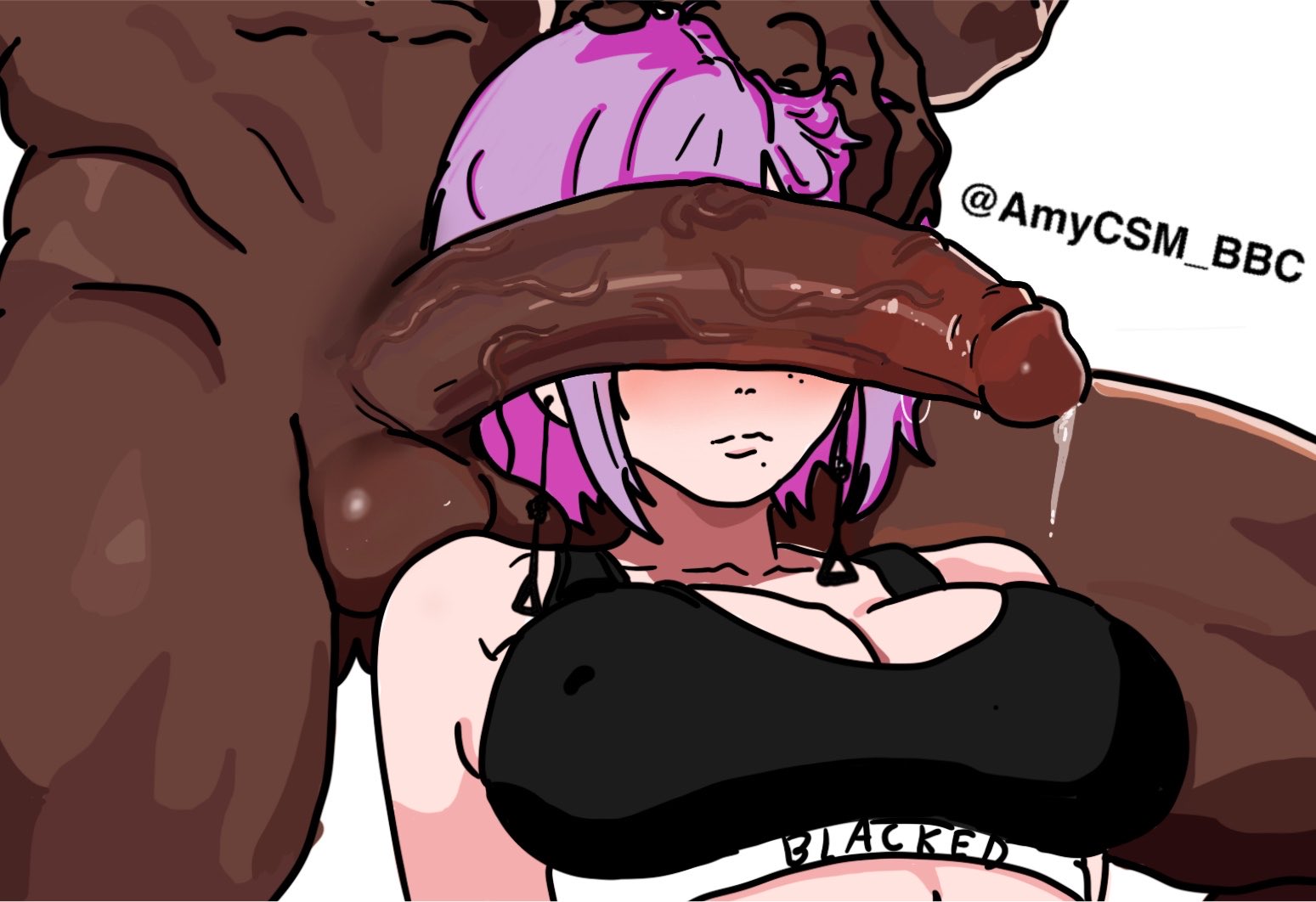 amybbc, big breasts, big penis, blacked, blacked clothing, chainsaw man, cleavage, cleavage cutout, dark skin, dark-skinned male, death devil (chainsaw man), fat cock, grabbing, grabbing hair, interracial, large breasts, penetration, penis, penis covering eyes, pink hair, precum, precum drip, precum on penis, precum string, purple hair, short hair, thick penis, veiny penis, white background