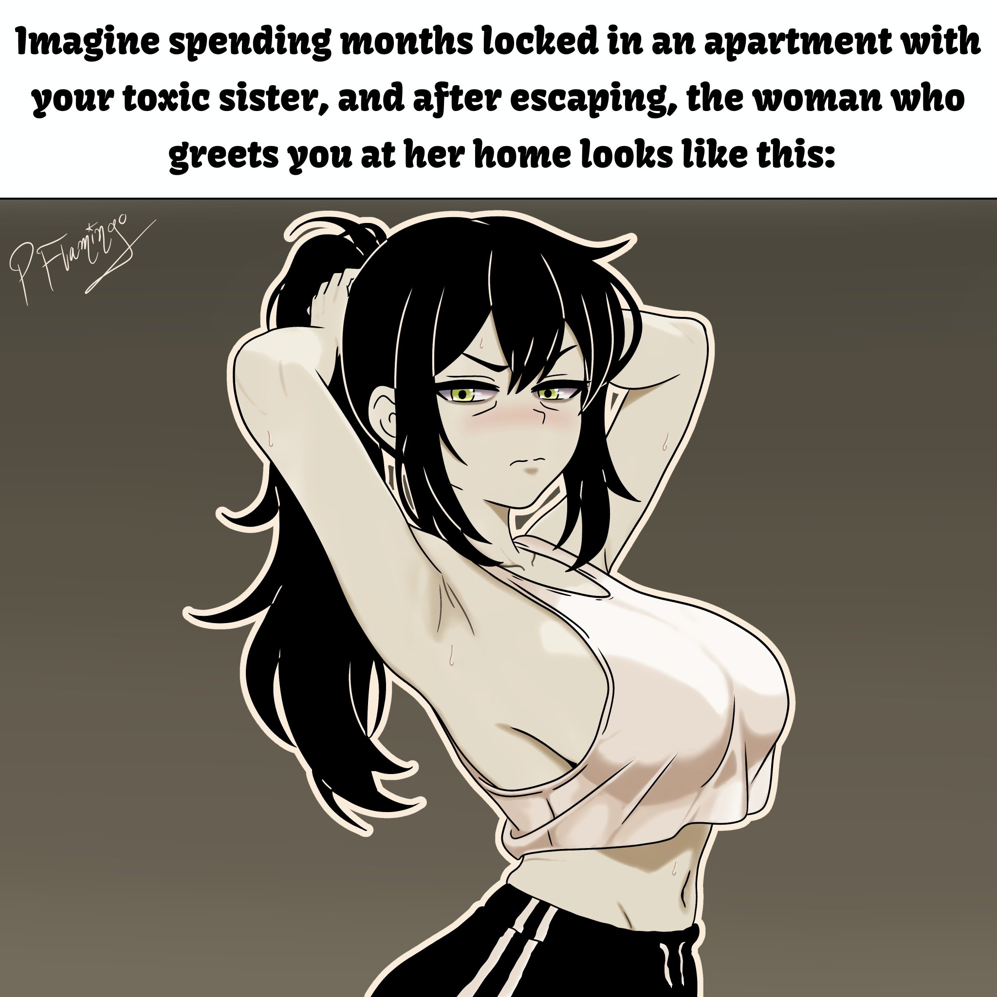1:1, big breasts, black hair, blushed face, dolphin shorts, english text, fanart, female only, green eyes, hi res, looking at viewer, pinkflamingoart, ponytail, renee graves, serious look, signature, solo female, the coffin of andrew and renee, the coffin of andy and leyley, topwear
