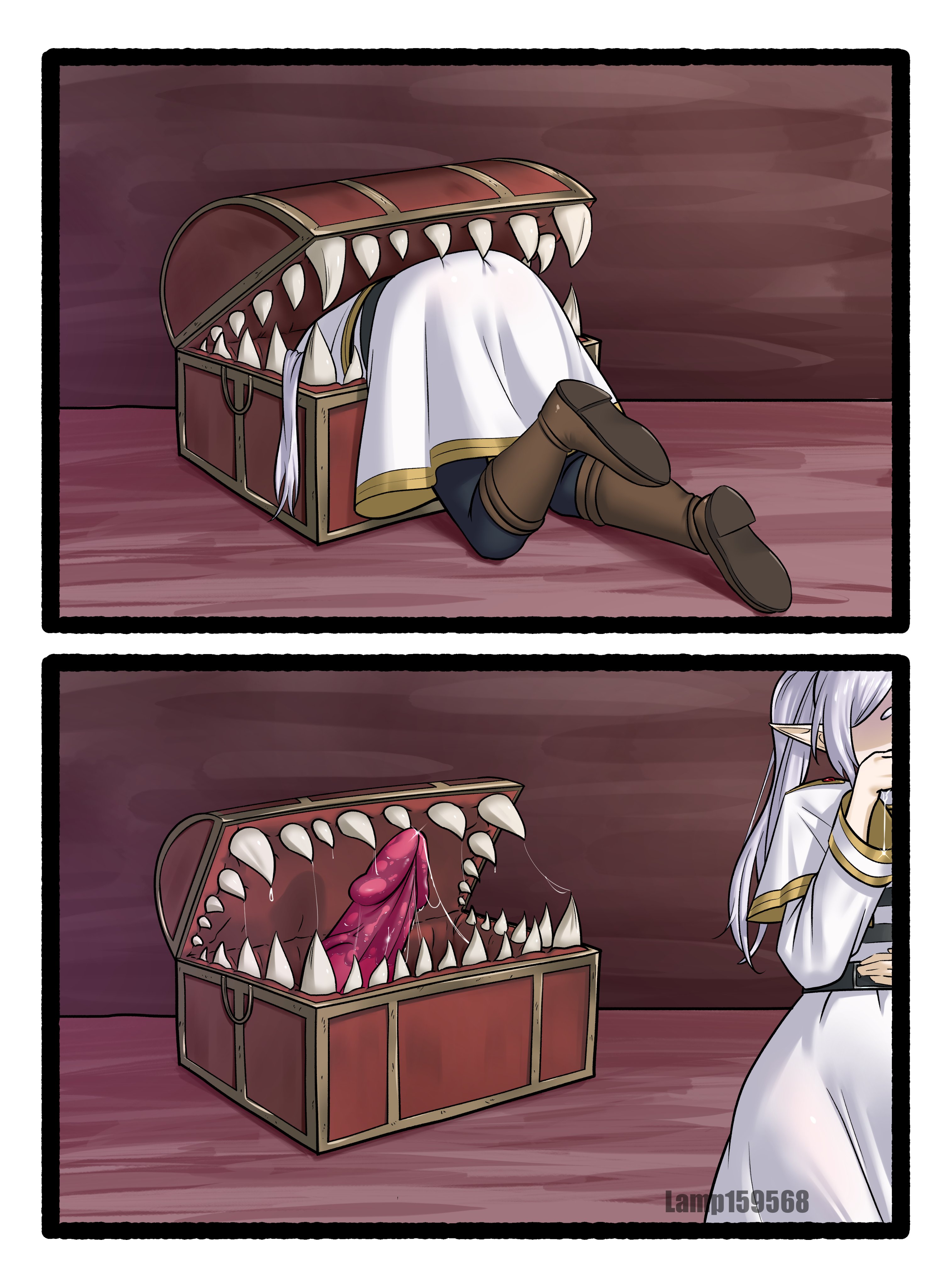 1girls, after blowjob, after deepthroat, after fellatio, chest, cock, dick, elf, elf ears, elf female, elf girl, female, frieren, genitals, lamp159568, laowei, mimic, mimic chest, penis, pointy ears, sharp teeth, sousou no frieren, white hair, white hair female, woman