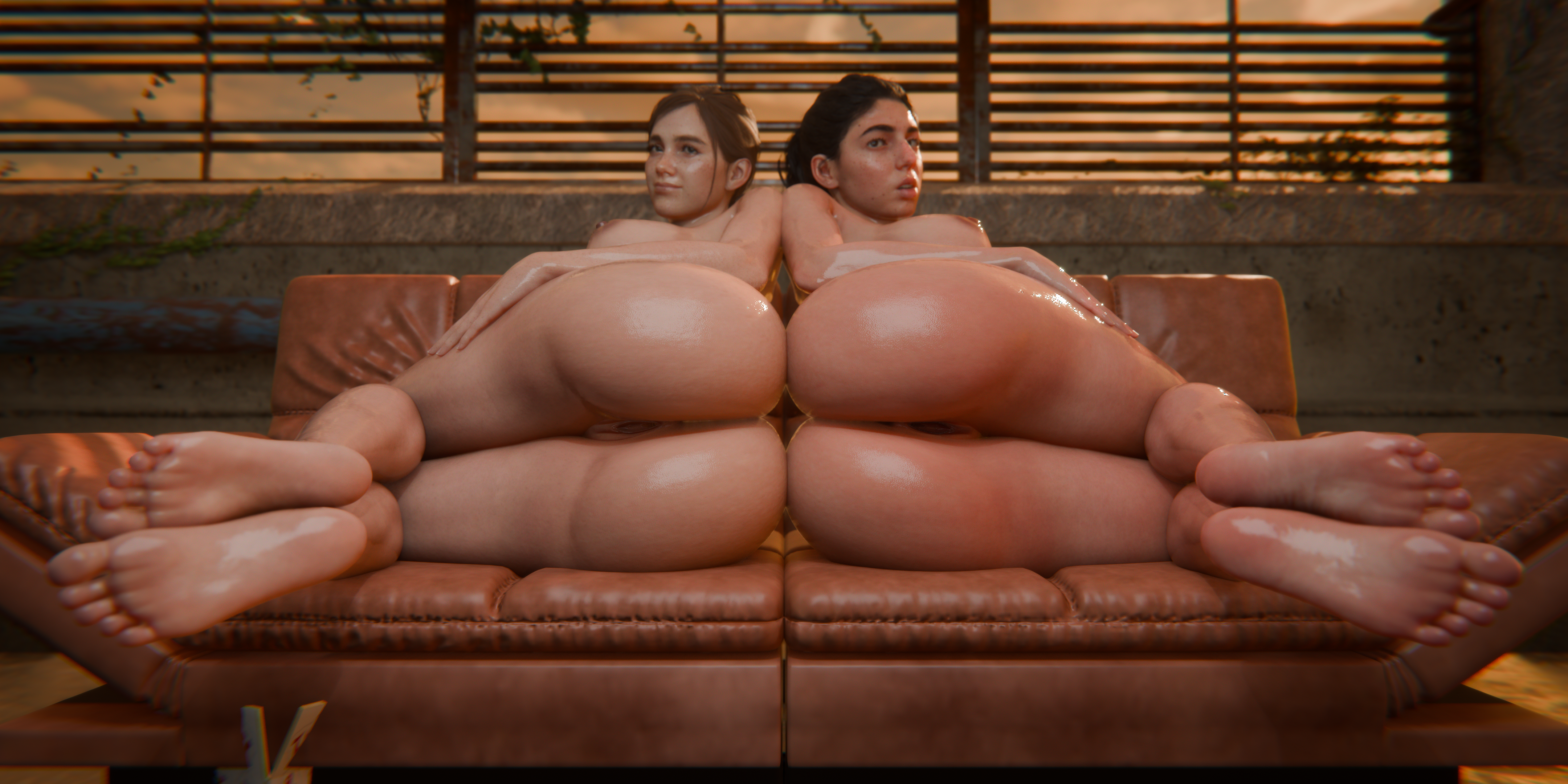 2girls, 3d, animated, ass focus, barefoot, big ass, big breasts, black hair, blcrimson, brown hair, couch, couple, curvaceous, curvy, curvy figure, dark skin, dark-skinned female, dina (the last of us), ellie (the last of us), ellie williams, feet, huge ass, large ass, large breasts, light skin, light-skinned female, lying, lying on side, middle eastern, middle eastern female, oiled skin, soles, the last of us, the last of us 2, thick thighs, thighs, toes, voluptuous, voluptuous female, wide hips