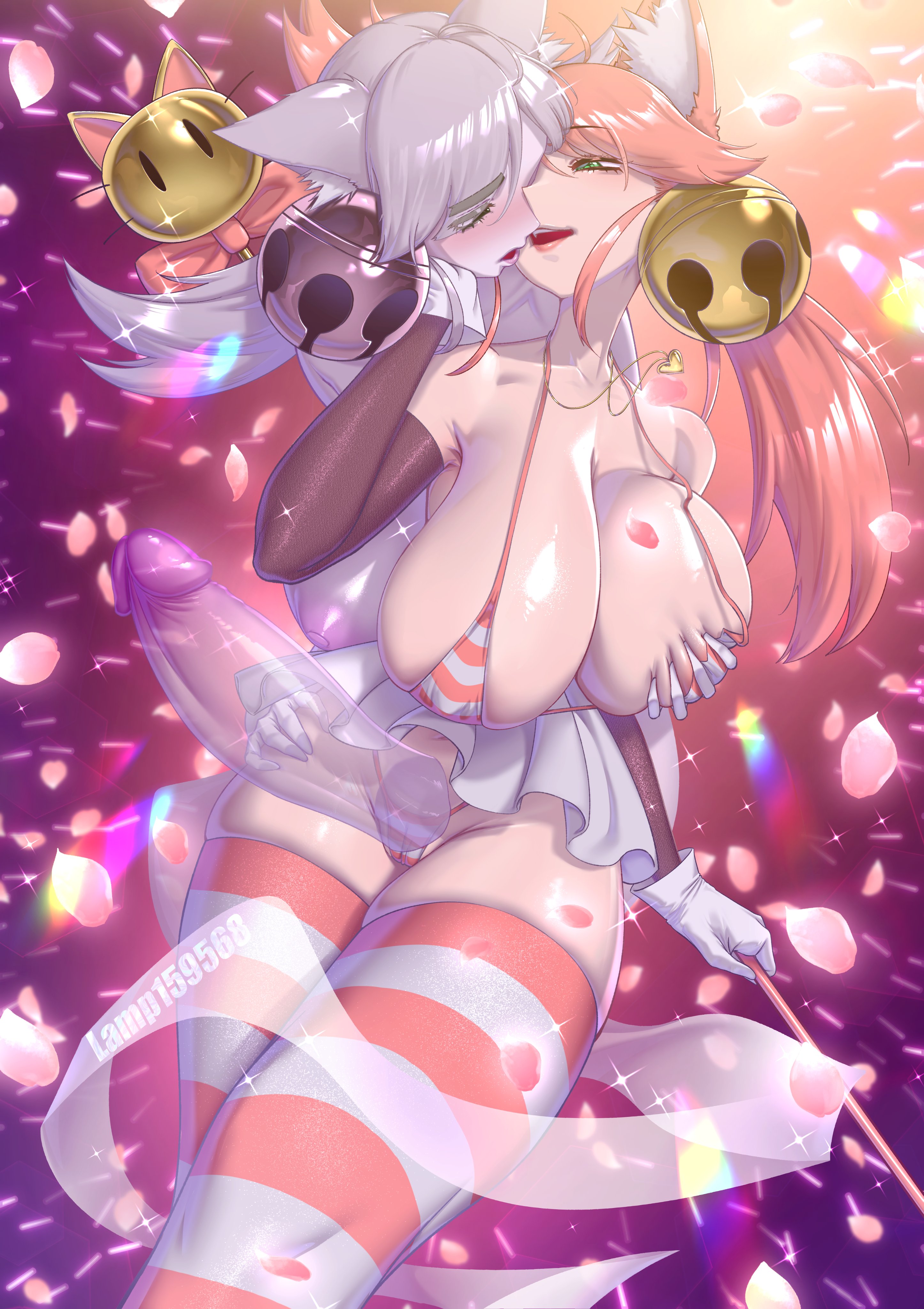 armpits, bell, big boobs, big breasts, big tits, boobs, breasts, cat ears, cock, deltarune, dick, elbow gloves, eyebrows visible through hair, futa on female, futanari, genitals, gloves, gray hair, grey hair, groping, groping breasts, heart necklace, irritable ghost (deltarune), lamp159568, laowei, mad mew mew, necklace, penis, petals, pink (deltarune), pink hair, striped bra, striped legwear, striped panties, thick thighs, thighs, tits, undertale (series), white gloves, yuri
