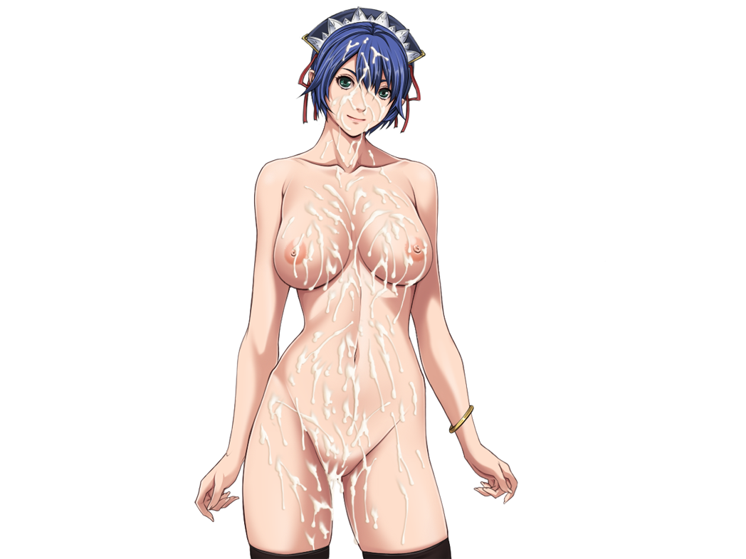 areolae asagiri_sachie black_legwear blue_hair breasts collarbone cum cum_in_pussy cum_on_body cum_on_breasts cum_on_hair cum_on_lower_body cum_on_upper_body facial female game_cg green_eyes highres large_breasts legs looking_at_viewer maid_headdress naked_stockings naked_thighhighs navel nipples no_pussy nude nude_female sei_shoujo short_hair smile solo standing starless stockings thighs transparent_background