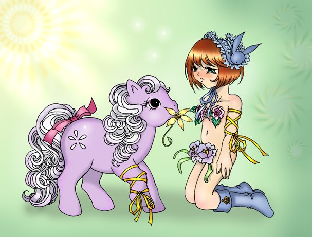 1girls blue_eyes blush candace character_request charha feral feral_on_human flower interspecies my_little_pony on_knees pink_eyes purple_fur red_hair ribbon shoes simple_background tagme white_hair