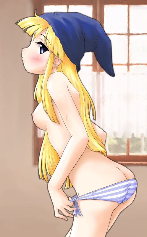 artist_request blonde_hair blue_eyes blush breasts compile hat long_hair madou_monogatari panties panty_pull puyo_puyo sega striped striped_panties underwear witch witch_(puyo_puyo) witch_hat