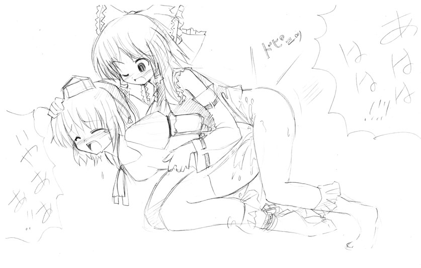 2girls bondage cum cum_inside doggy_style female_on_female footwear hat human implied_futanari monochrome multiple_girls rape reimu_hakurei rough_sketch seo_tatsuya sex shameimaru_aya sketch socks tokin_hat touhou