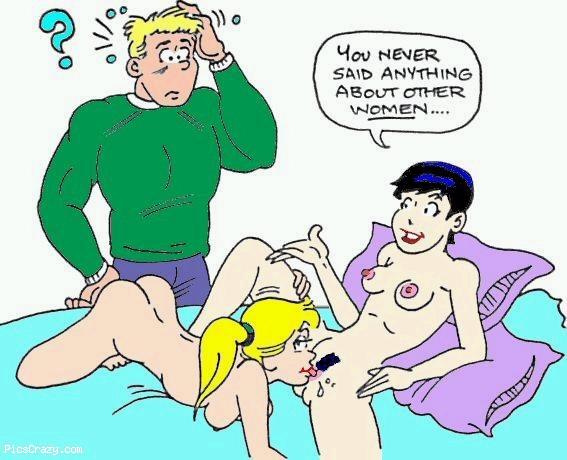 1boy 2girls archie_comics areola betty_cooper black_hair blonde_hair blonde_hair_female caught_in_the_act cheating cucked_by_lesbian cuckold cunnilingus dialogue duo_focus female female_focus hairy_pussy karstens licking midge_klump moose_mason multiple_girls nude oral ponytail pubic_hair pussy speech_bubble text white_background yuri