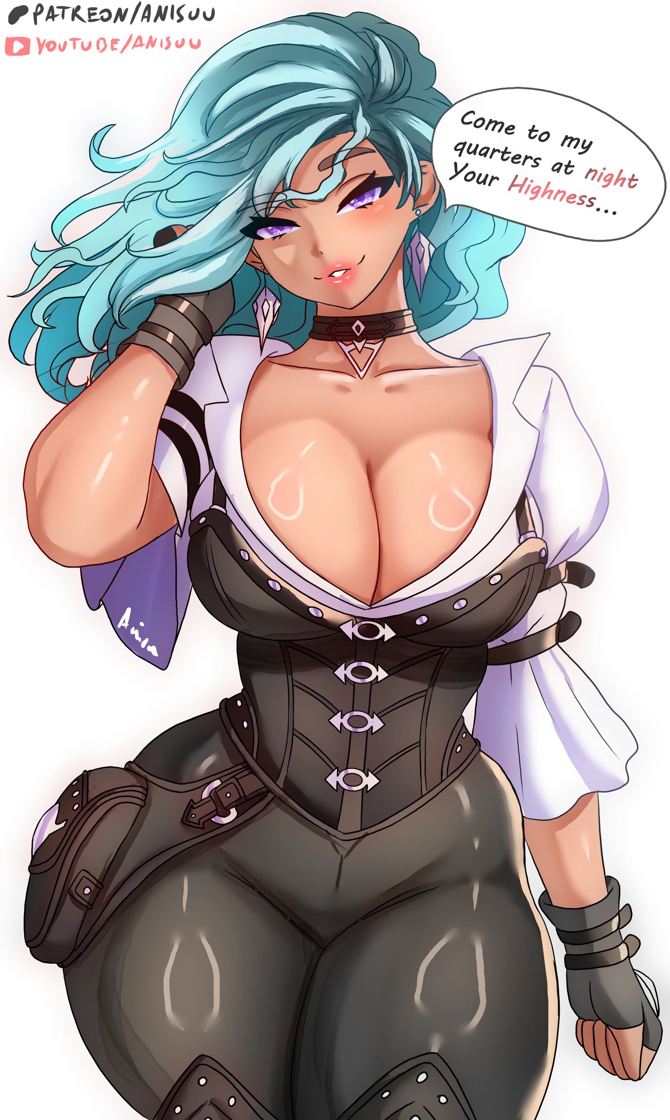 1girls, anisdrawn, breasts, cleavage, female, female focus, female only, kito (monster hunter), kora (monster hunter), large breasts, monster hunter, monster hunter stories 3: twisted reflection, solo, thick thighs, thighs, white background, wide hips