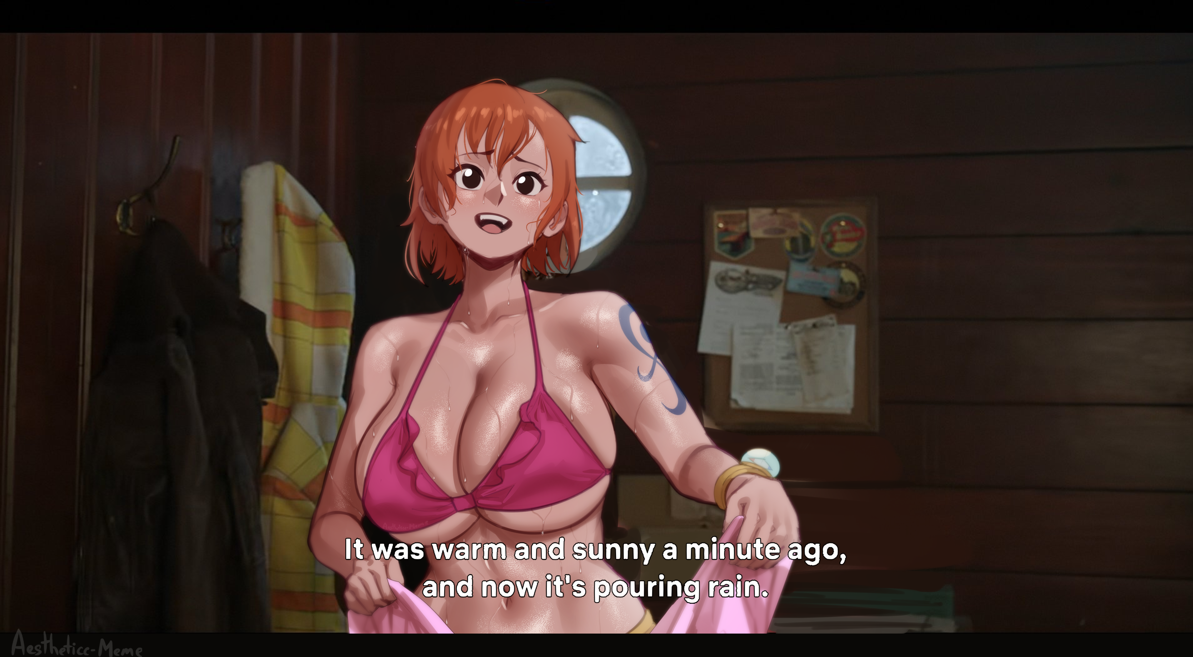 1girls, 2d, aestheticc-meme, arm tattoo, blue tattoo, emily rudd, english, english text, female, female only, hi res, highres, light skin, light-skinned female, nami (one piece), one piece, one piece (live action), orange hair, orange-haired female, solo, solo female, tagme, tattoo, text