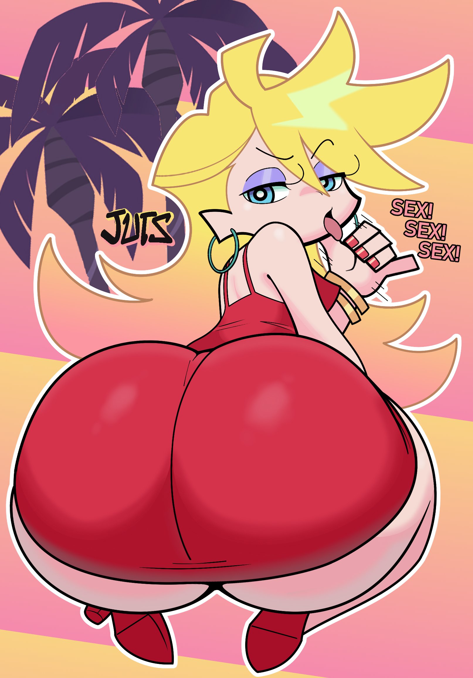 all fours, ass, big ass, blonde hair, blue eyes, dat ass, earrings, eyeshadow, fat ass, fellatio gesture, female, female only, hoop earrings, huge ass, jutsapostion, large ass, long hair, looking at viewer, looking back, oral invitation, palm tree, panty & stocking with garterbelt, panty anarchy, red dress, solo, tongue, tongue out