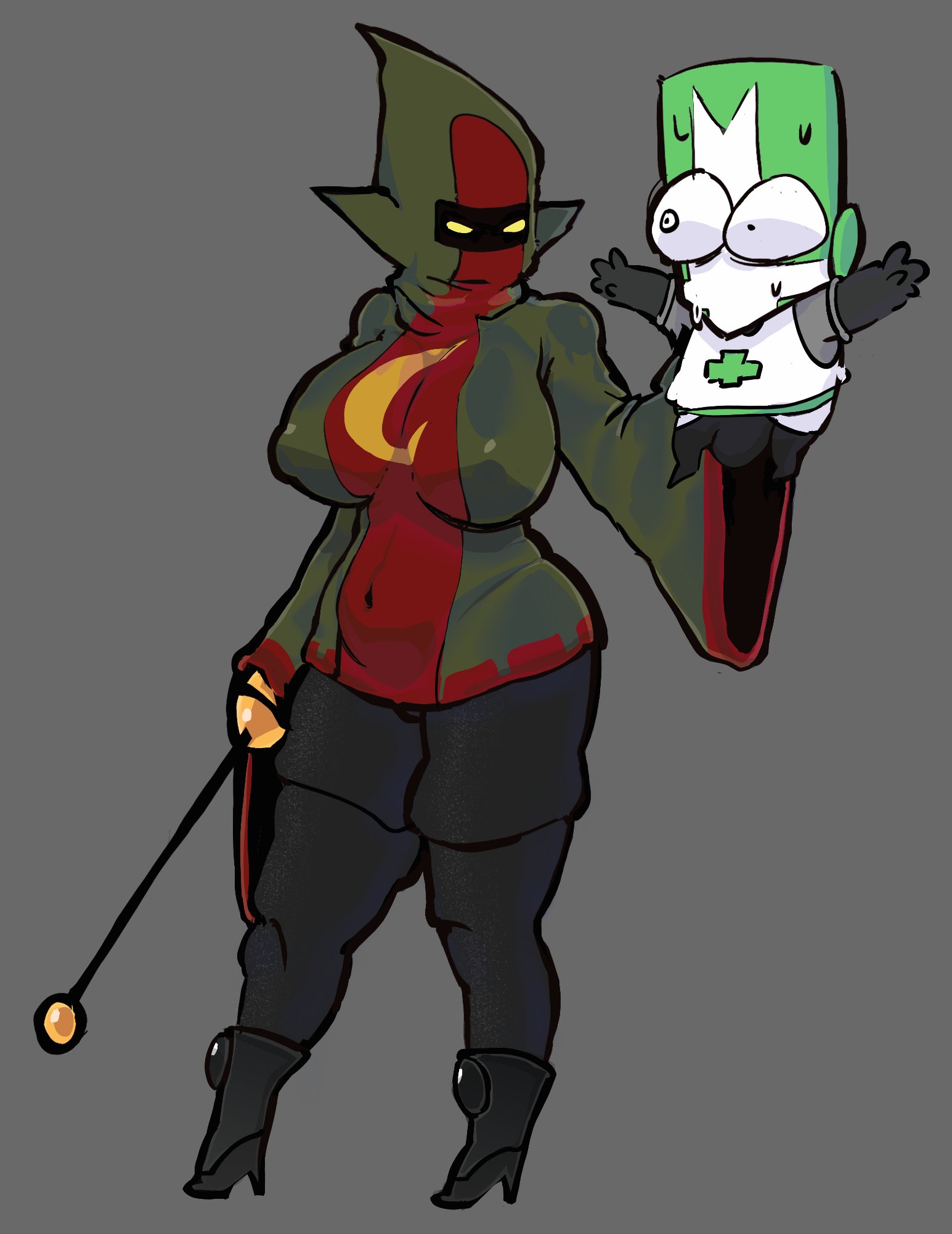 1boy, 1girls, black pants, boots, castle crashers, chibi, covered nipples, curvy, dominant female, domination, faceless female, fanart, female, fully clothed, genderswap (mtf), green knight (castle crashers), grey background, gryazyuka88, high heel boots, high heels, holding another, holding wand, hood, huge breasts, looking at another, mtf transformation, no mouth, pointy ears, robe, rule 63, scared, simple background, size difference, standing, the evil wizard (castle crashers), transformation, twitter, twitter link, v-shaped eyes, wide eyed, wide sleeves, yellow eyes